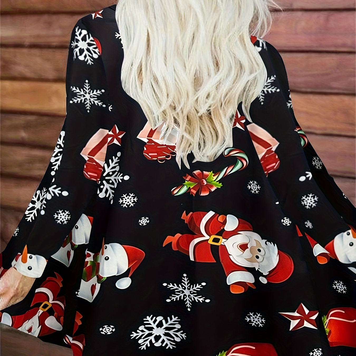 

Plus Size Christmas Casual Coat, Women's Plus Graphic Print Long Sleeve Open Front Cardigan