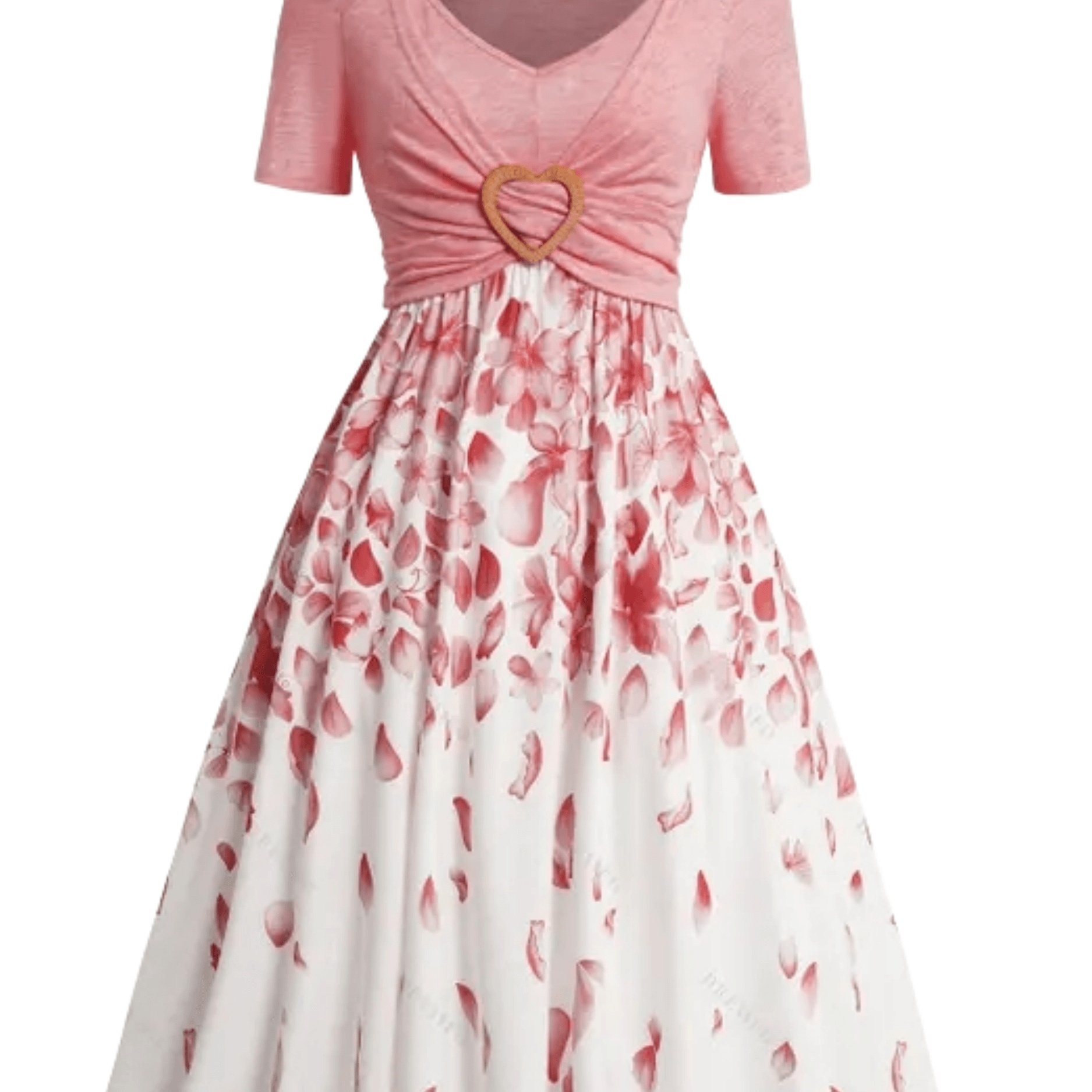 

Petal Print Gathered Front Dress, Elegant V Neck Short Sleeve Ruched Dress For Spring & Summer, Women's Clothing