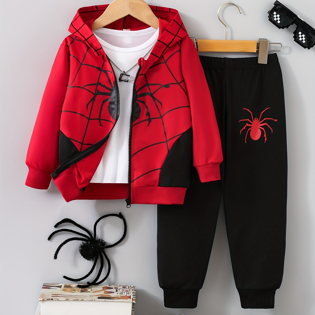 

2- Set Boys' Long Sleeve Spider Pattern Zip And Athletic Jogger Pants Outfit, Kids Clothing, , Polyester , Regular Fit, , For