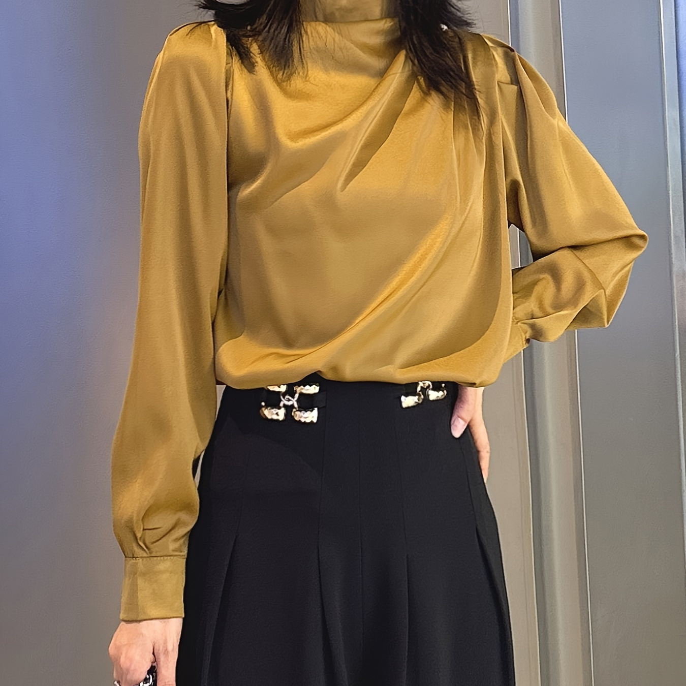 

Elegant French-inspired Satin Blouse For Women - Long Sleeve, Mock Neck, Solid Color, Machine Washable - Office & Casual Wear, Acetic Acid, Office Shirt, Trendy