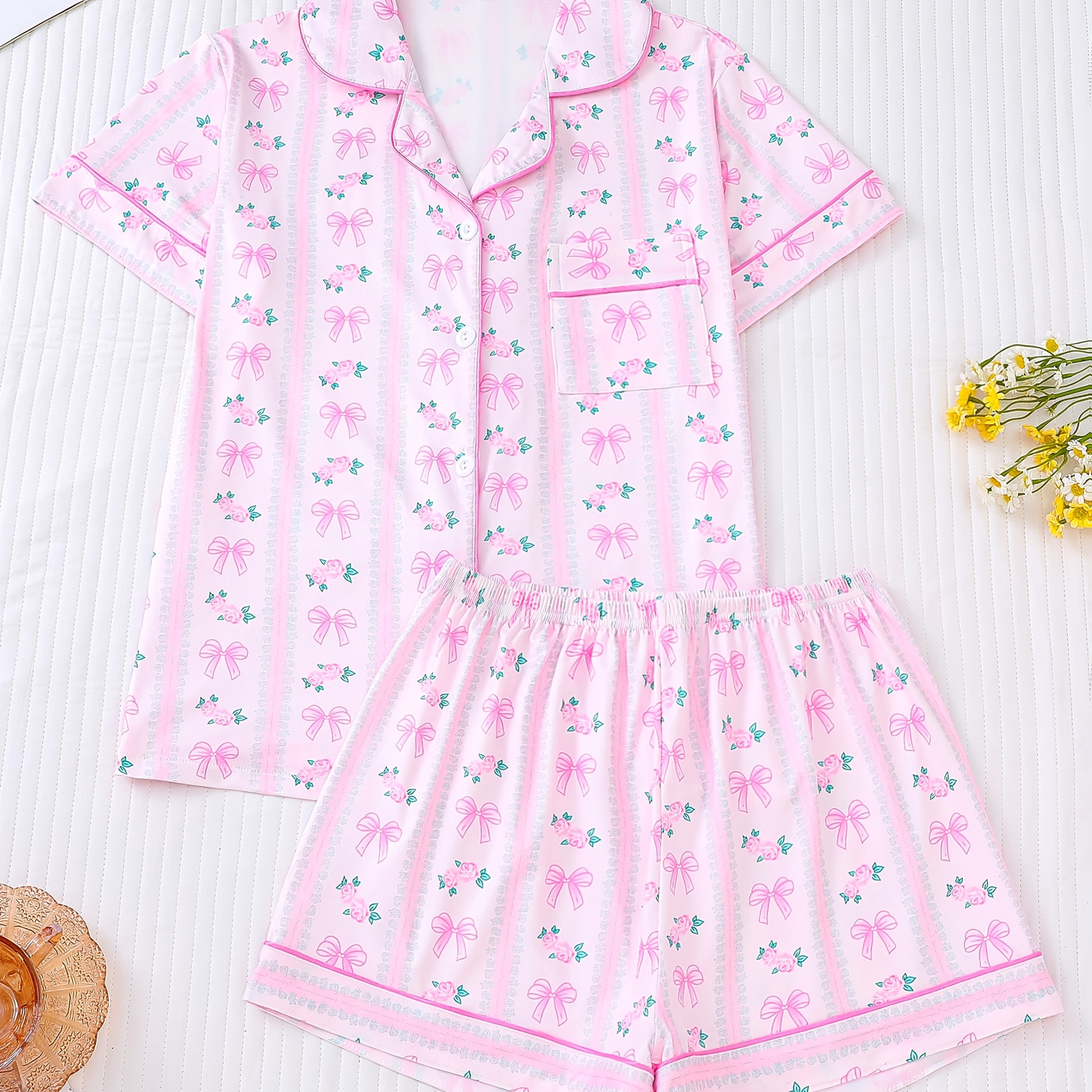 

1set Women's Cute Bowknot Print Pajama Set, Comfortable Lapel Collar Button-down Short Sleeve Top And Loose Shorts, Casual Polyester Knit Fabric Sleepwear, 95% Polyester 5% Elastane