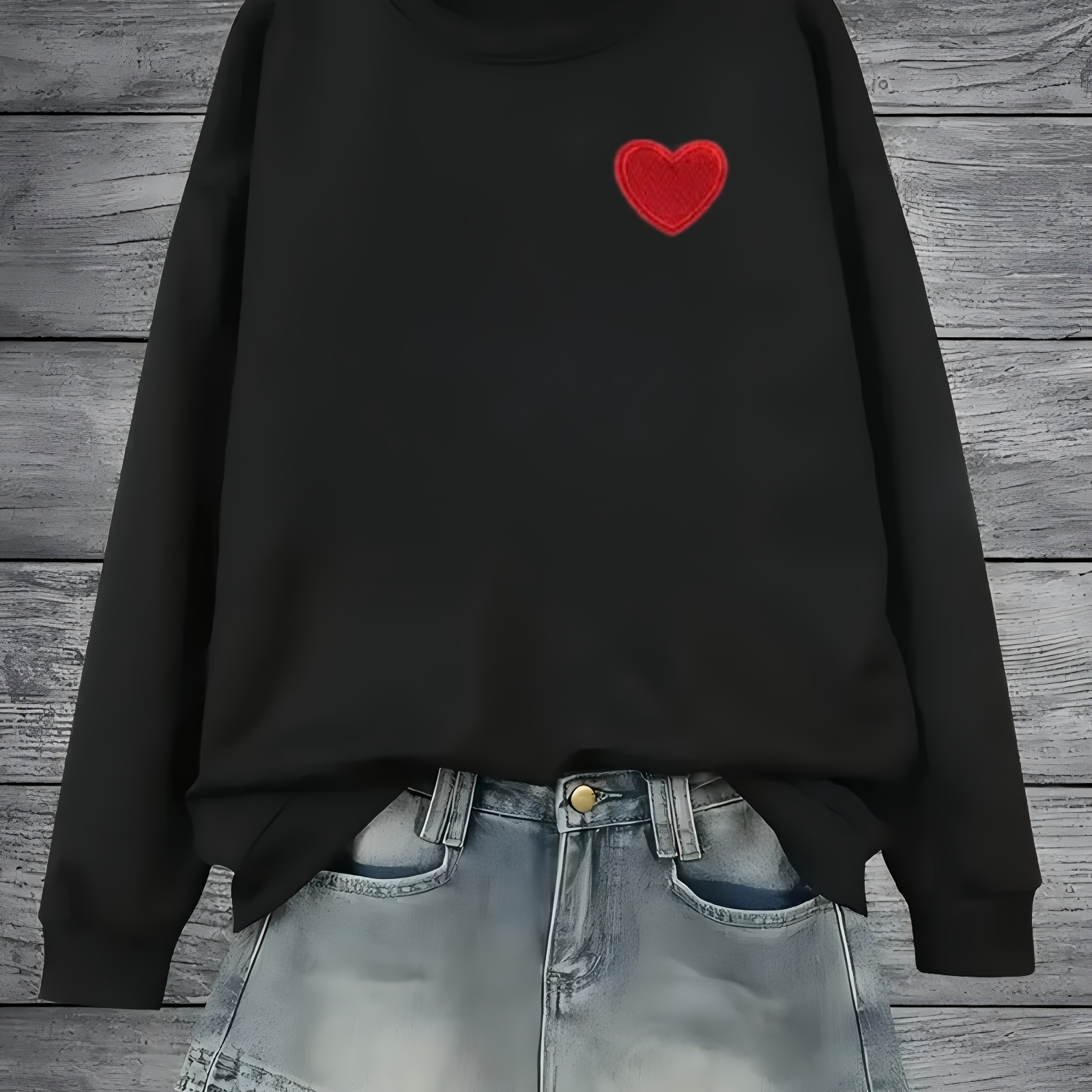 

Plus Size Women's Casual Black Sweatshirt With Red - Cozy Long Sleeve Round Neck Pullover, 100% Polyester, Machine Washable, Plus Size Sweatshirt