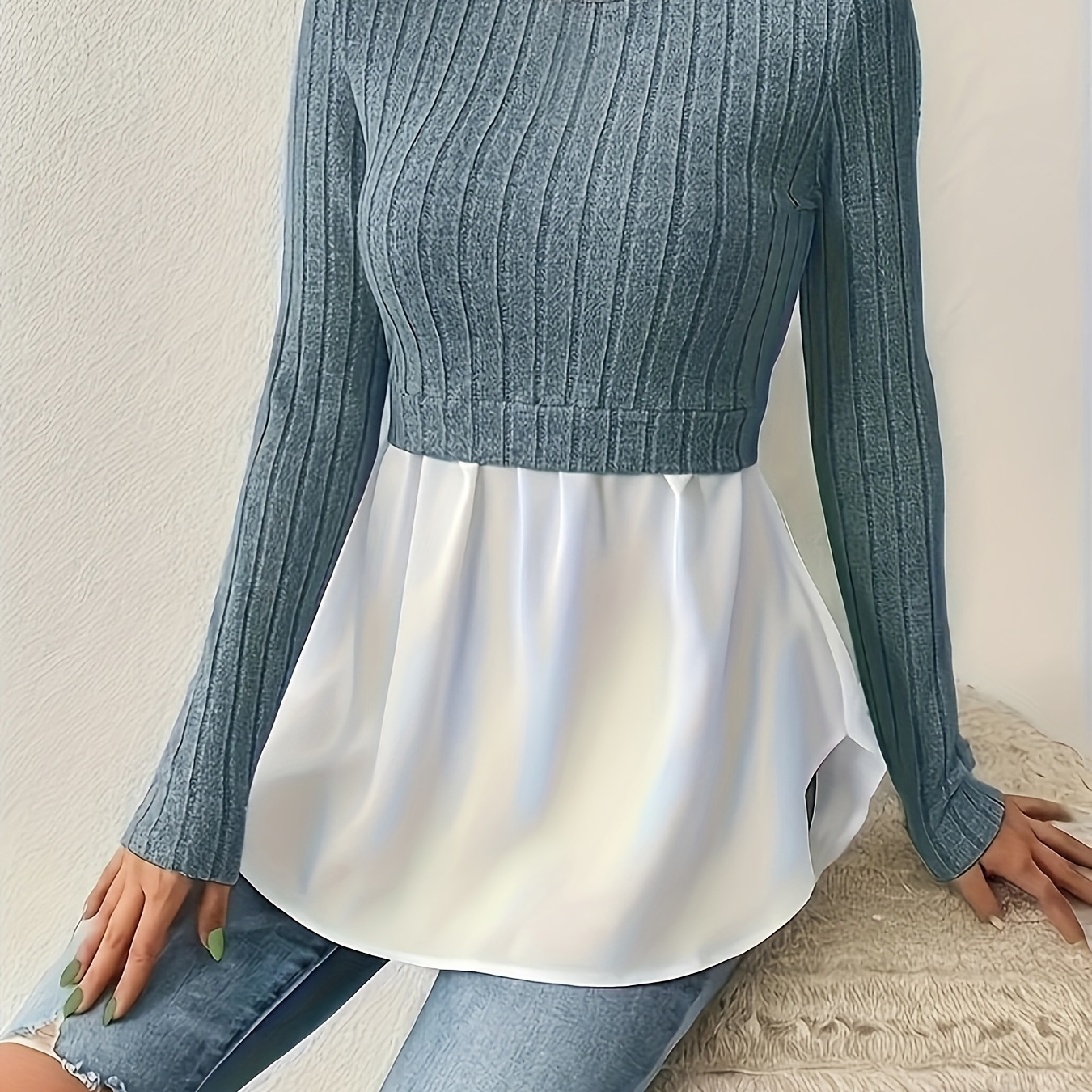 

Colorblock Ribbed Paneled Crew Neck T-shirt, Casual Long Sleeve Top For Spring & Fall, Women's Clothing