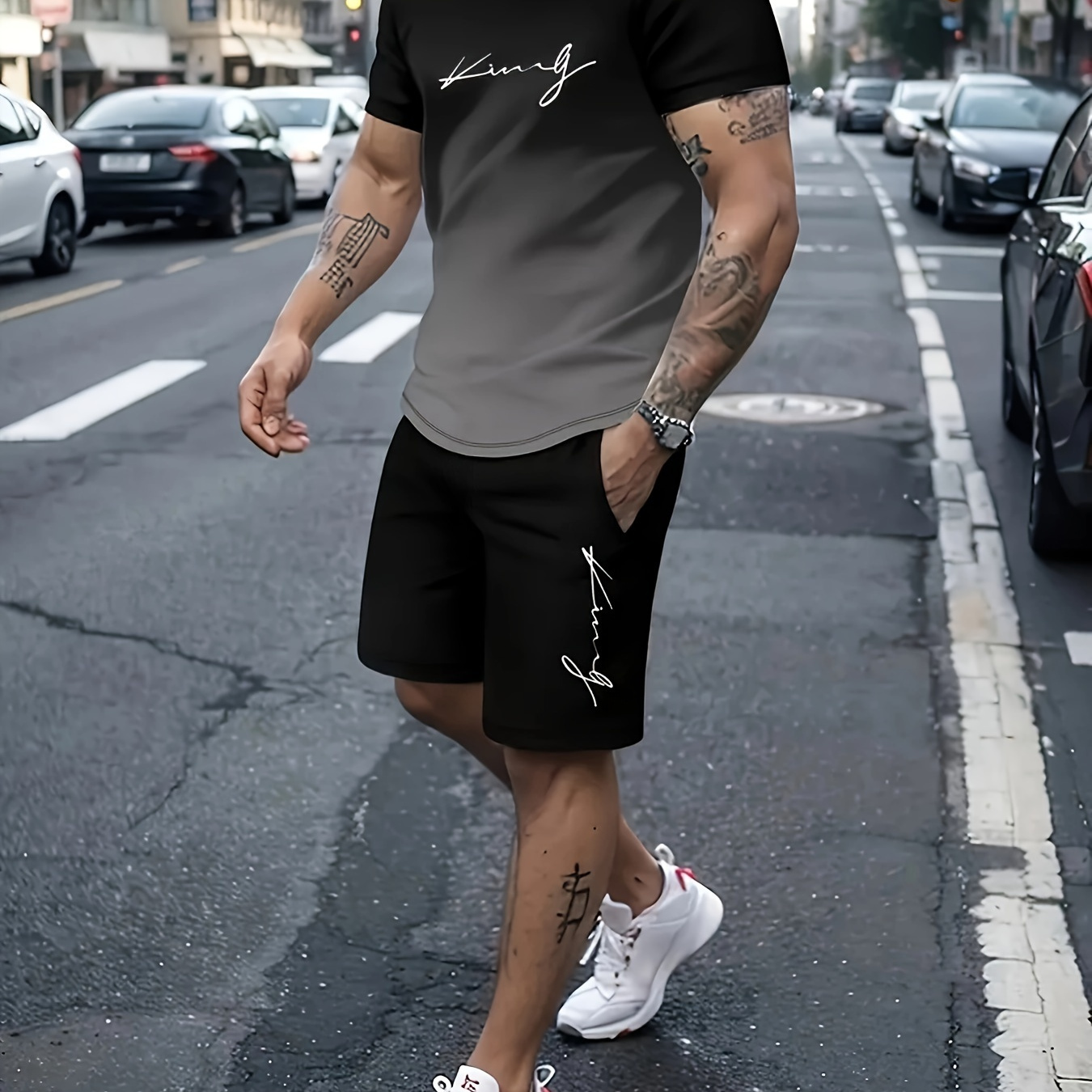 

2-piece Men's Gradient Summer Outfit Set, Men's Short Sleeve Crew Neck T-shirt & Drawstring Shorts With Pockets