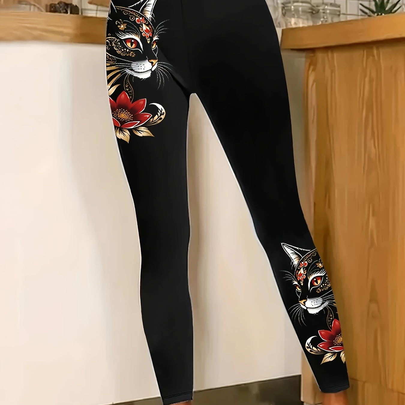 

Women's High-waisted Stretchy Leggings With Vibrant Cat & Floral Print - Comfortable, Polyester Tights For Casual Attire, Stylish Clothing | Leggings | Smooth Texture Leggings, High Waisted Leggings