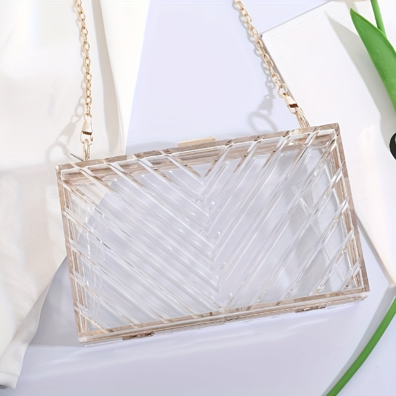 Acrylic Clear Box Bag Chevron Pattern Evening Bag Womens Chain Square Purse  For Wedding Prom Party, Save More With Clearance Deals