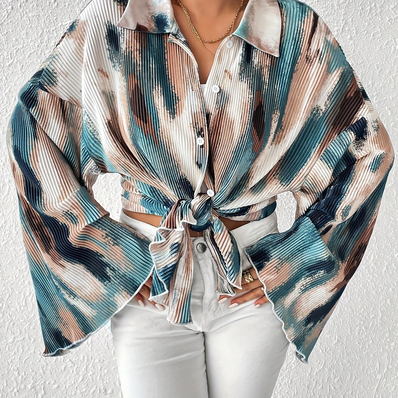 

Tie Dye Button Front Loose Blouse, Elegant Flare Sleeve Blouse For Spring & Fall, Women's Clothing