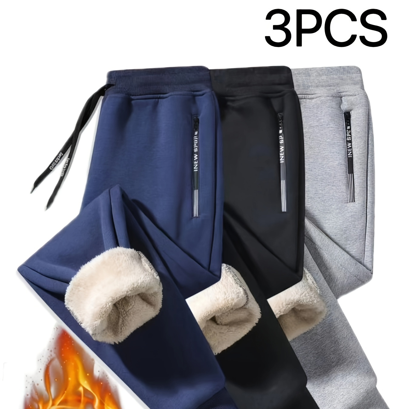 

3pcs Fleece Lined Jogger Pants Drawstring, Thickened Trousers As