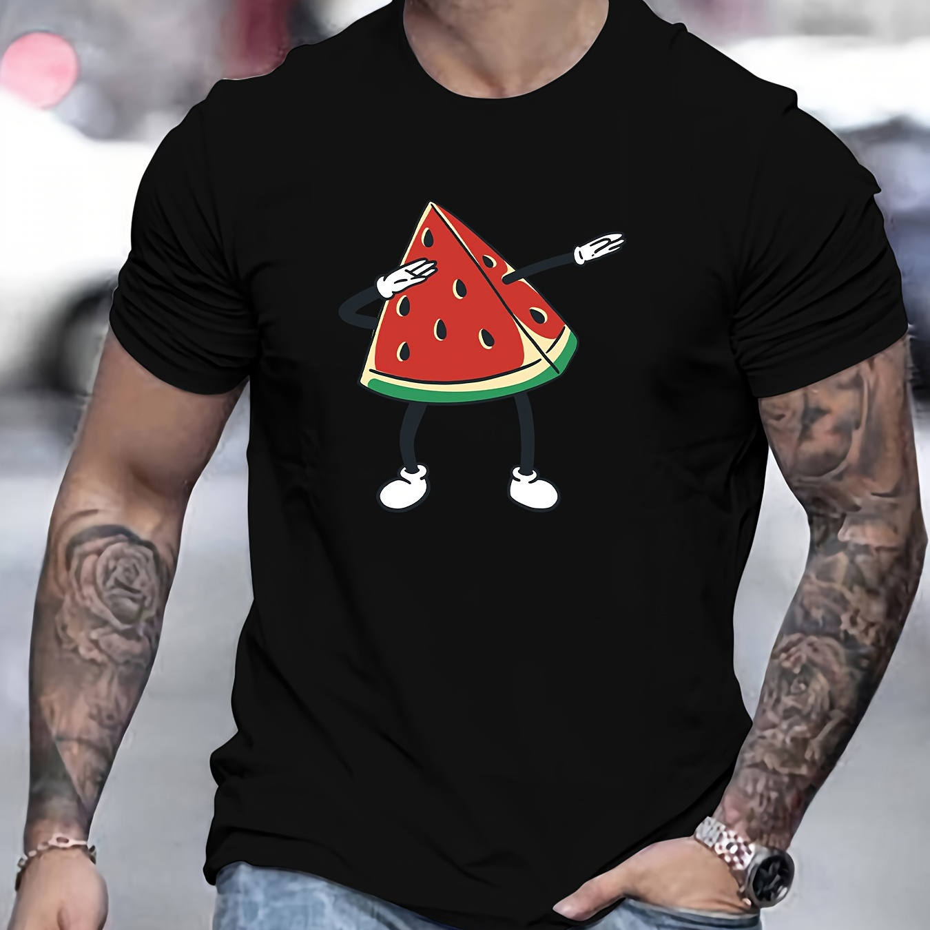 

Watermelon Dancing Print, Men's Round Crew Neck Short Sleeve, Simple Style Tee Fashion Regular Fit T-shirt, Casual Comfy Top For Spring Summer Holiday Leisure Vacation Men's Clothing As Gift