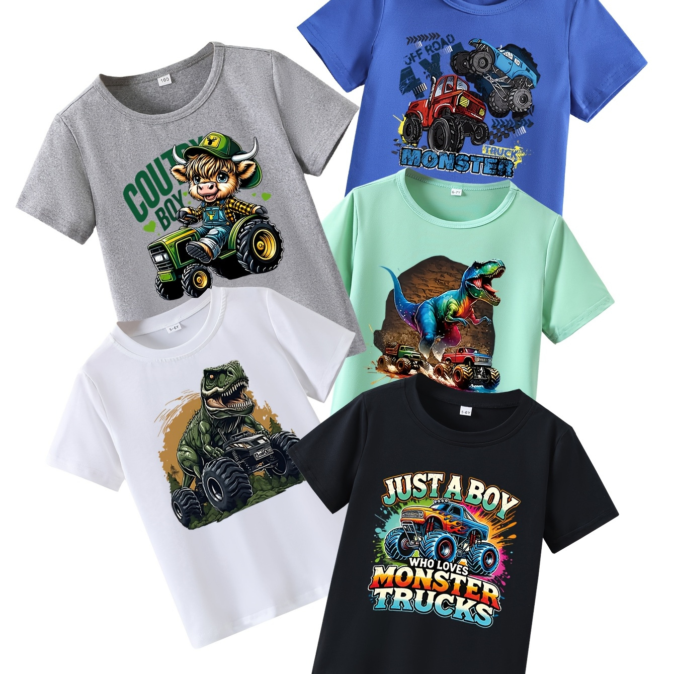 

Set Of 5 Short-sleeve T-shirts For Boys Featuring Dinosaur And Bull Prints For Summer.