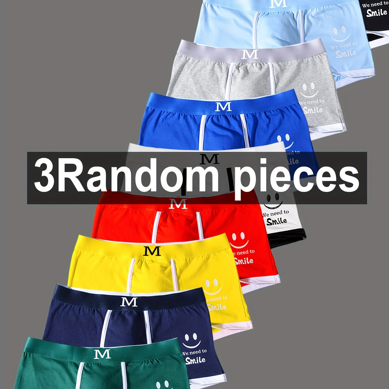 

3/4/5pcs Random Colors Men's Boxer Briefs, Fashion Smile Face Print Breathable Comfy Boxer Trunks, Elastic Sports Shorts, Men's Casual Underwear Daily Wear