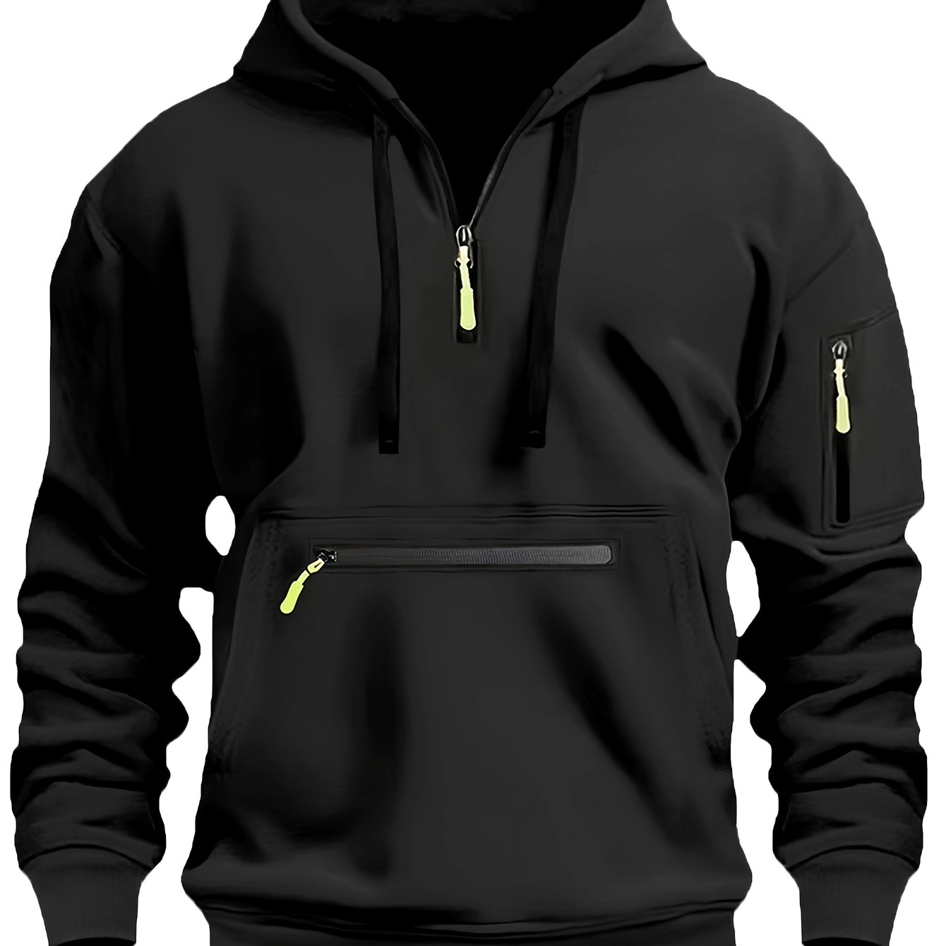 

1pc Men's Casual Polyester Hoodie With Multiple Zipper Pockets - Solid Color Long Sleeve Pullover Hooded Sweatshirt For Hiking & Outdoor Activities, Regular Fabric, 220g/m² - Fall/