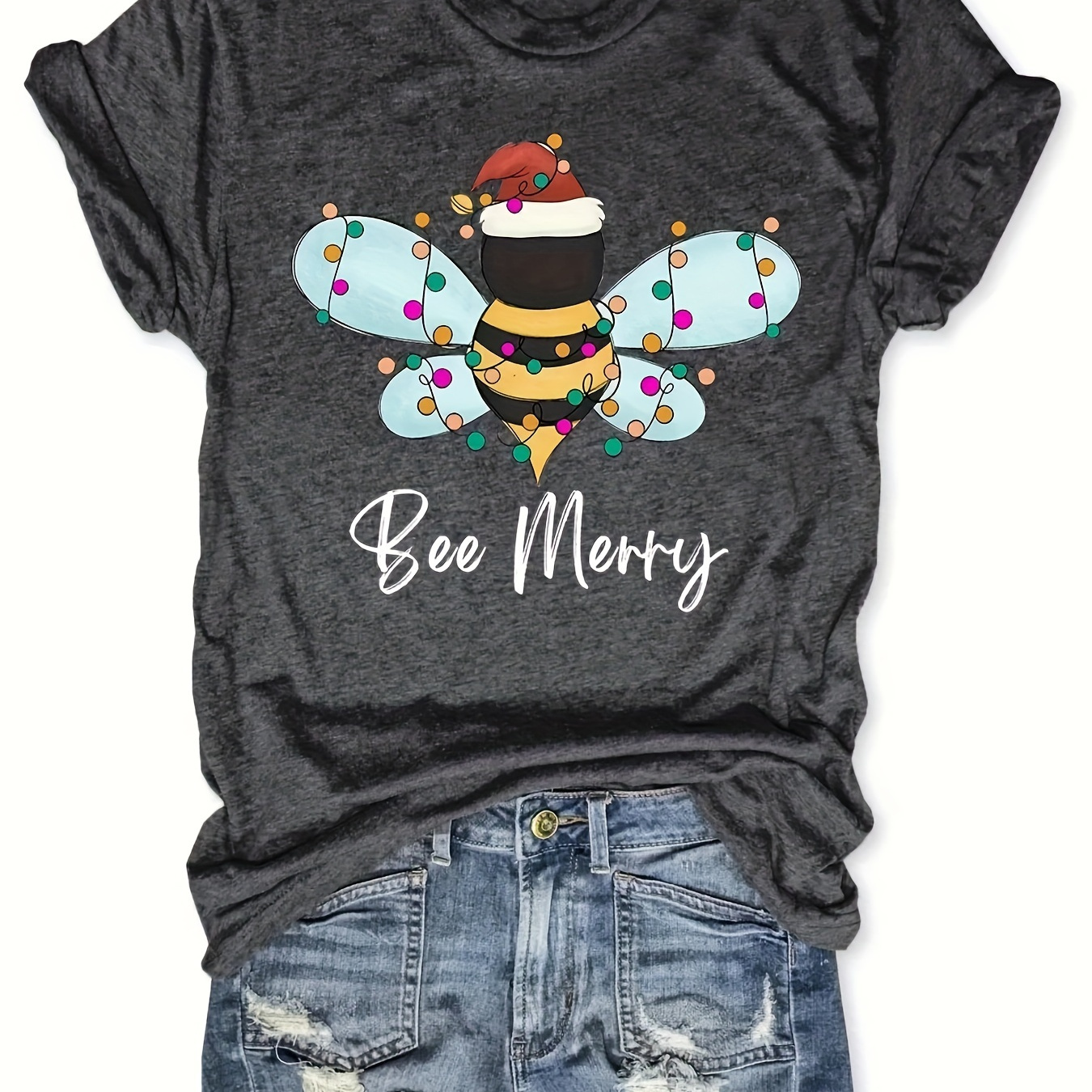 

Christmas Bee & Letter Print T-shirt, Cute Short Sleeve Crew Neck Top, Women's Clothing