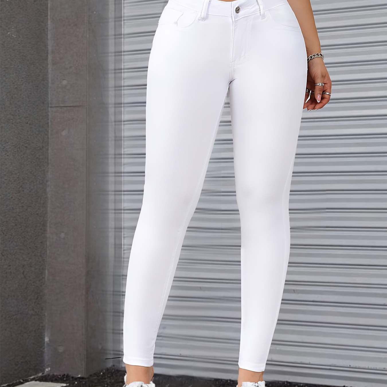 

Women's Plain White High Waist Skinny Fit Jeans, Stretchy & Elegant, Fashionable Versatile Denim Pants For Ladies