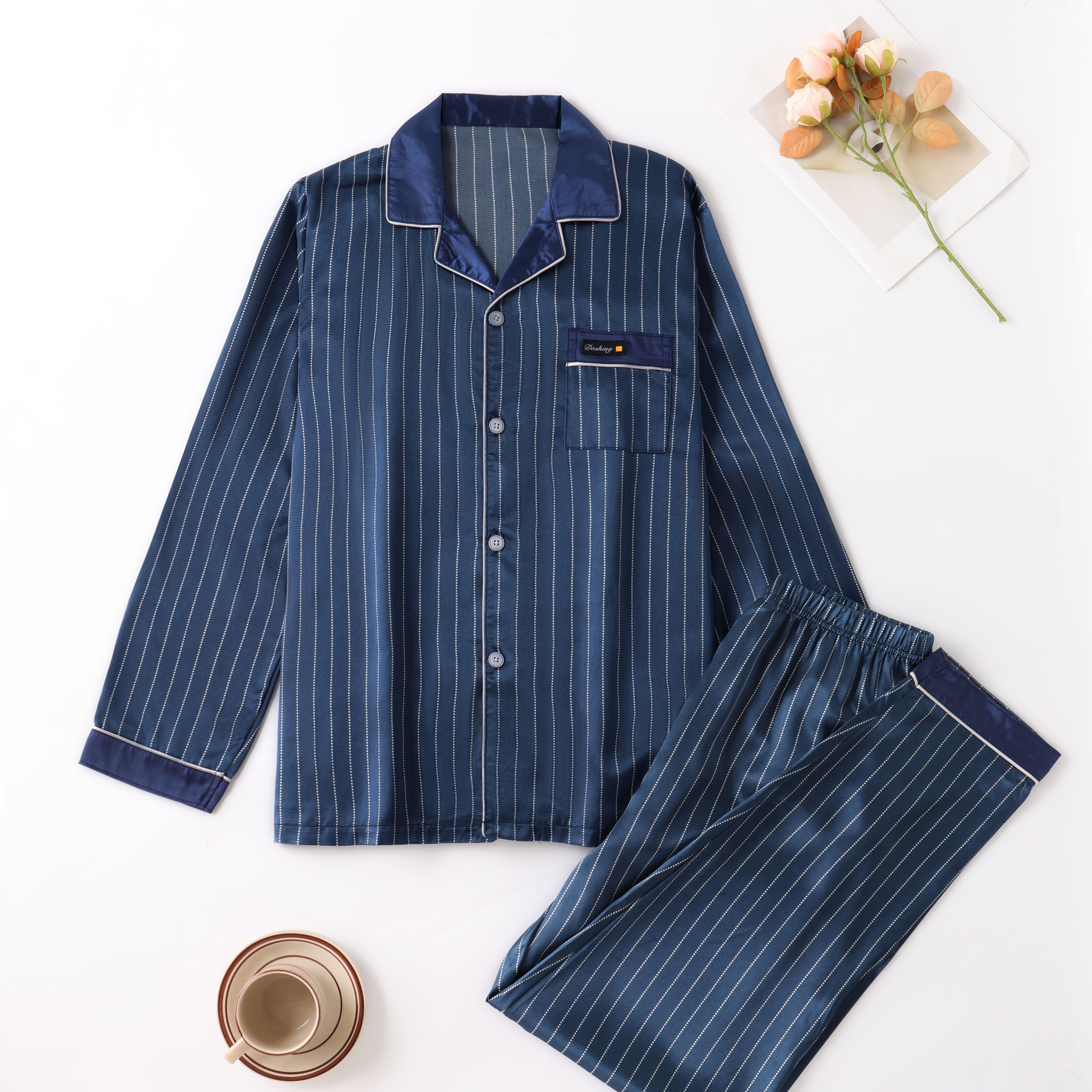 

Men's Striped Satin Pajama Set - Comfy Long Sleeve Button-up Top & Pants, Casual Sleepwear With Pockets