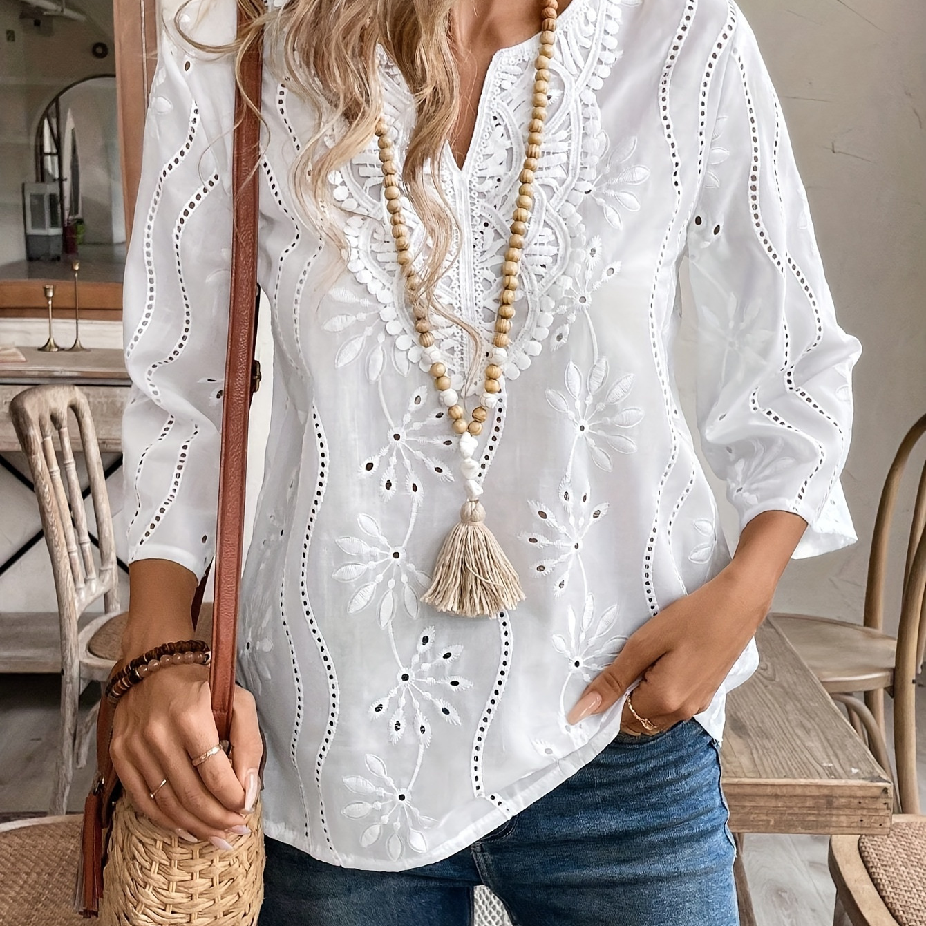 

Women's Elegant White Lace-trimmed Blouse With 3/4 Sleeves And Notched V-neck - Polyester, Semi-sheer, Spring/summer Fashion, Top | Elegant Blouse | Intricate Lace Design, Lace Trim