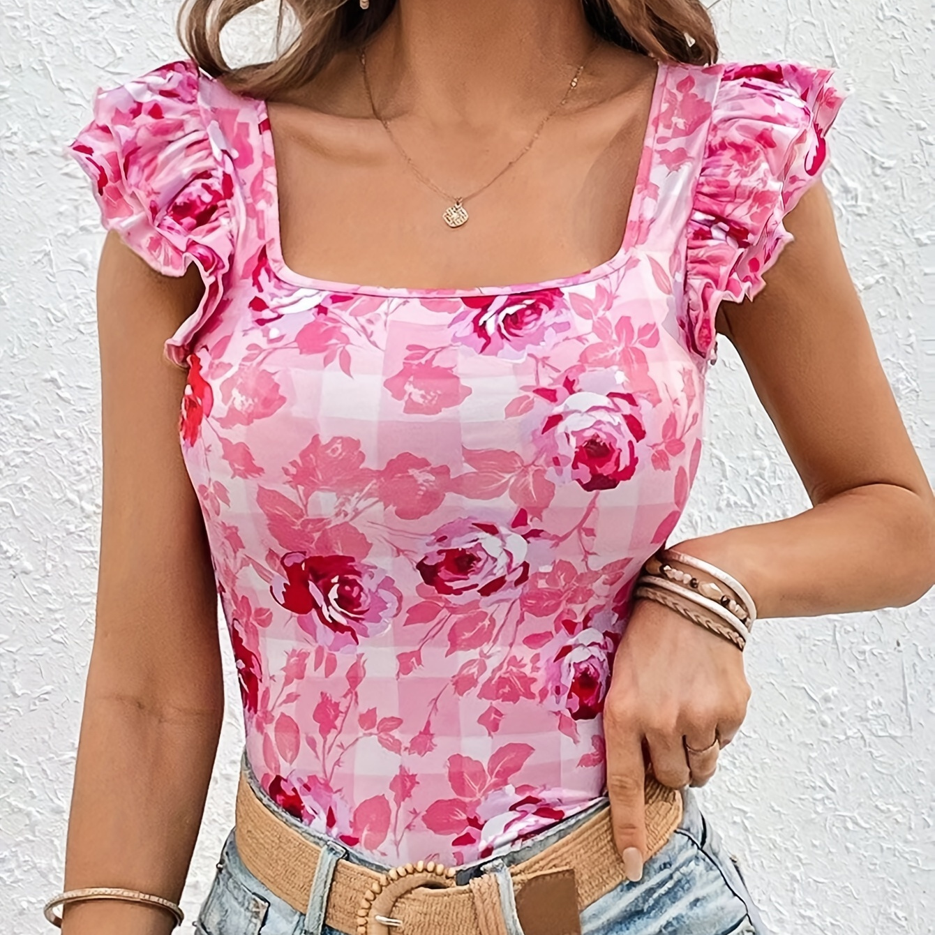 

Floral Print Square Neck T-shirt, Elegant Layered Ruffle Trim Slim Top For Spring & Summer, Women's Clothing
