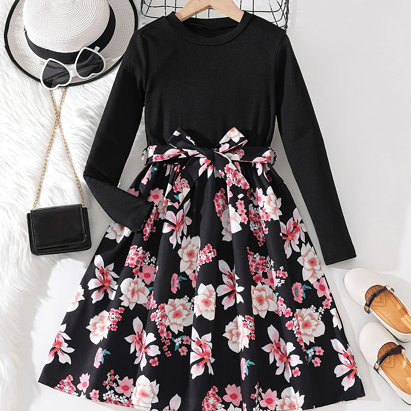 

Girls Long Sleeves Round Neck Flowers Splicing Belted Dress For Party Kids Spring Clothes