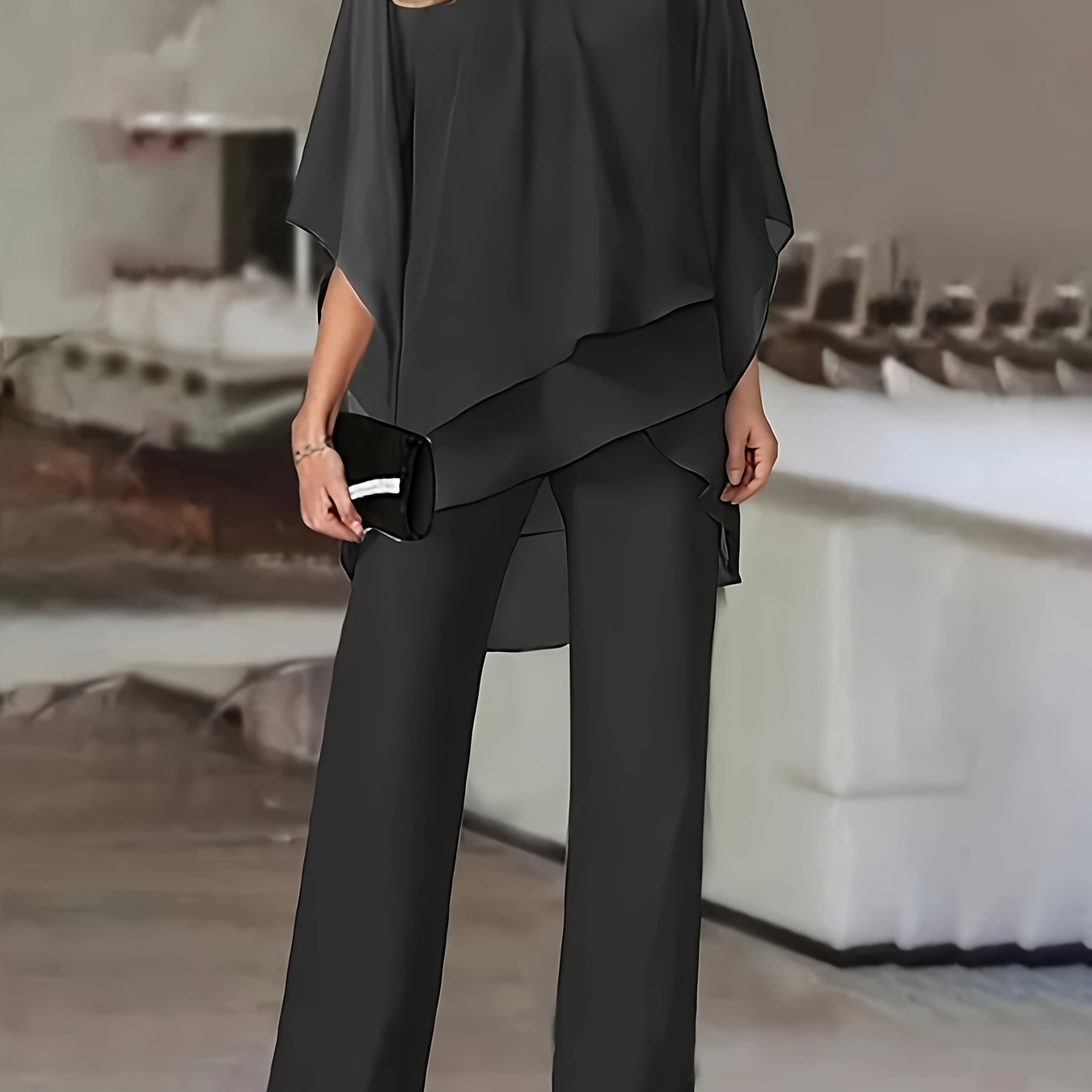 

Elegant Off The Shoulder Polyester Pantsuit Set - Solid Color Hem Top With -quarter Regular Sleeves And Regular Fit Woven Trousers For Spring/fall