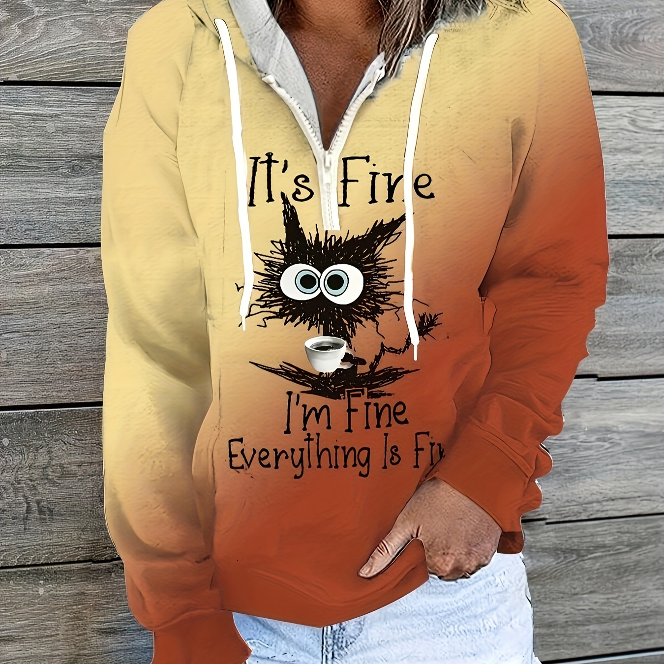 

It's Fine & Cat Print Zip Hoodie, Casual Long Sleeve Drawstring Hoodies Sweatshirt, Women's Clothing