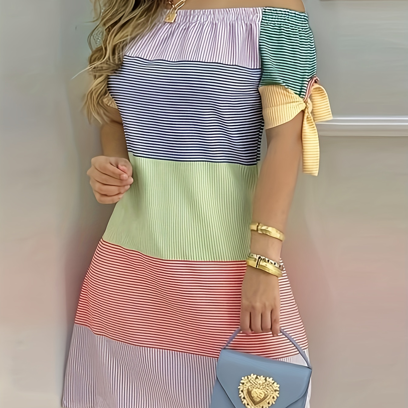 

Color Block Striped Print Off-shoulder Dress, Casual Knot Sleeve Dress For Spring & Summer, Women's Clothing