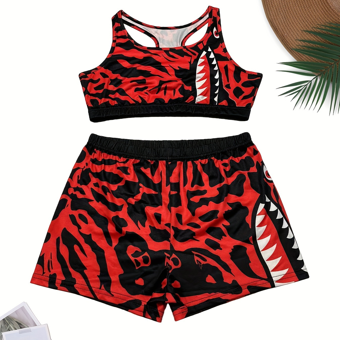 

Women's Sexy Yoga & Fitness Loungewear Set - Leopard Print Crop Top & Shorts, Stretchy Polyester , Machine Washable