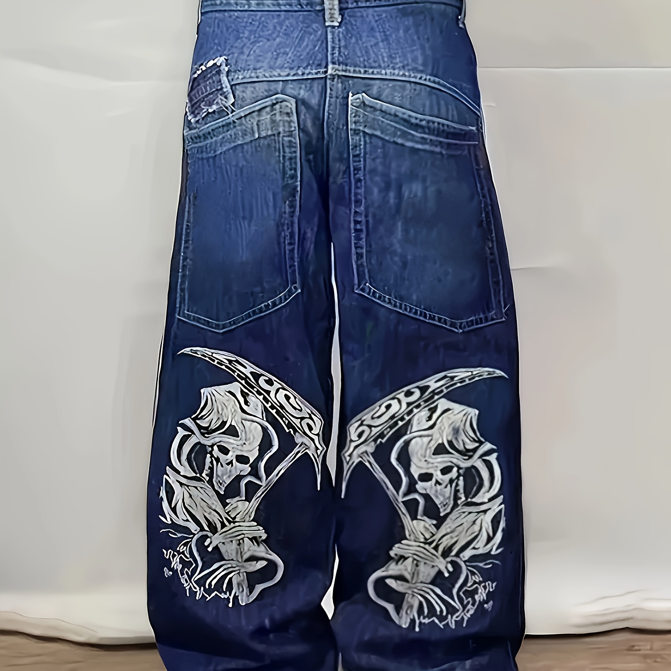 

Men's Loose Skull Denim Pants With Pockets, Cotton Jeans For Outdoor Activities