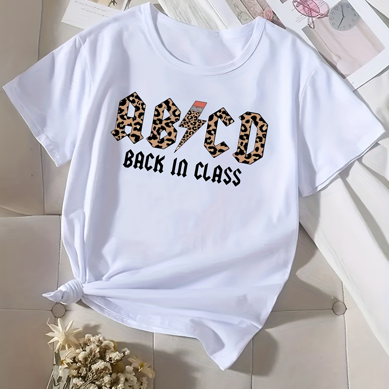 

Back Class Print Crew Neck T-shirt, Short Sleeve Casual Top For Summer & Spring, Women's Clothing