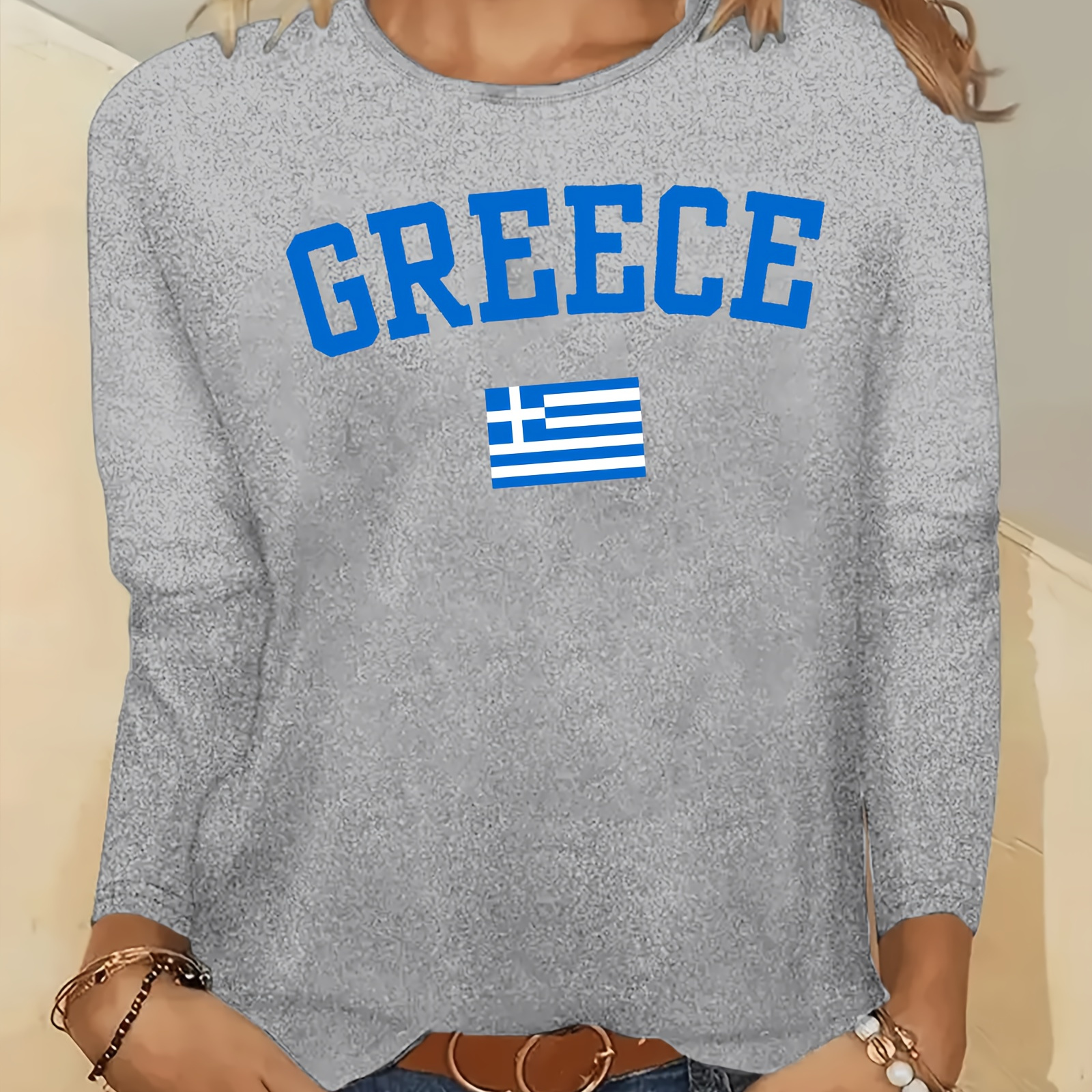 

Greek-inspired Women's Casual Long Sleeve T-shirt - Comfy & Stylish, Round Neck, Loose Fit Activewear For Fall/winter