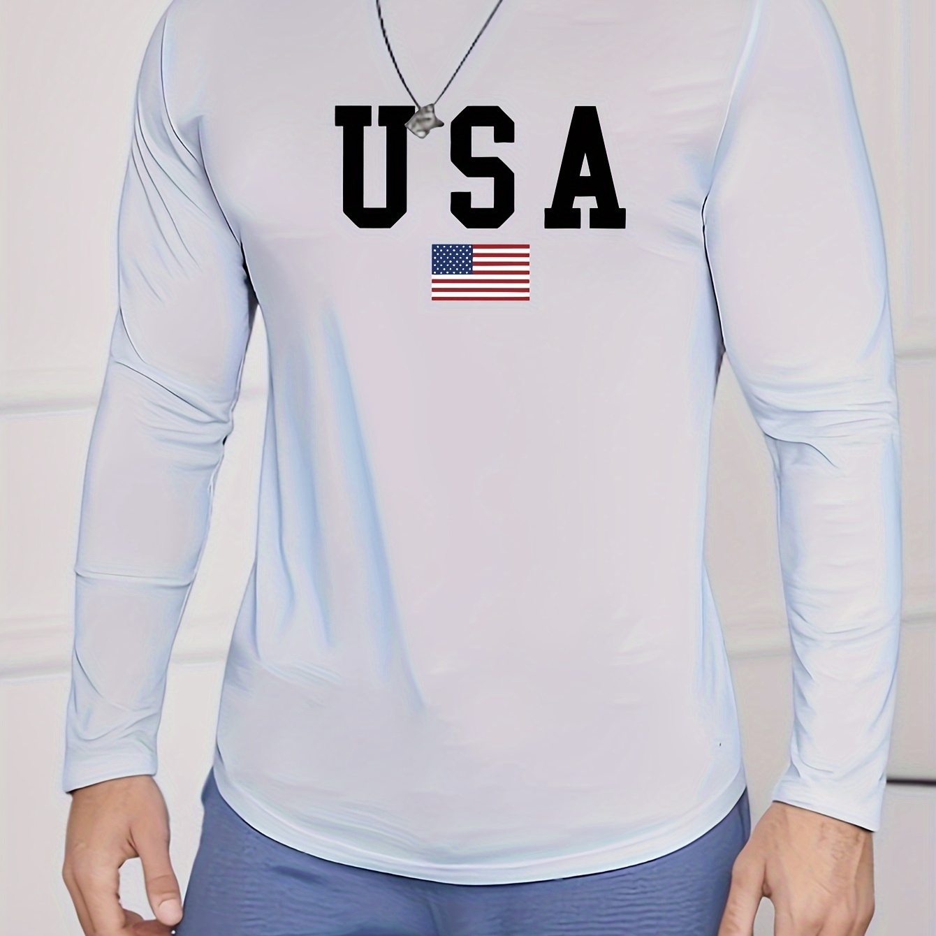 

Usa Flag Print Long Sleeve T-shirt For Men - Casual Crew Neck Polyester Blend Top With Medium Stretch And Regular Fit - Fashionable Knit Fabric Activewear