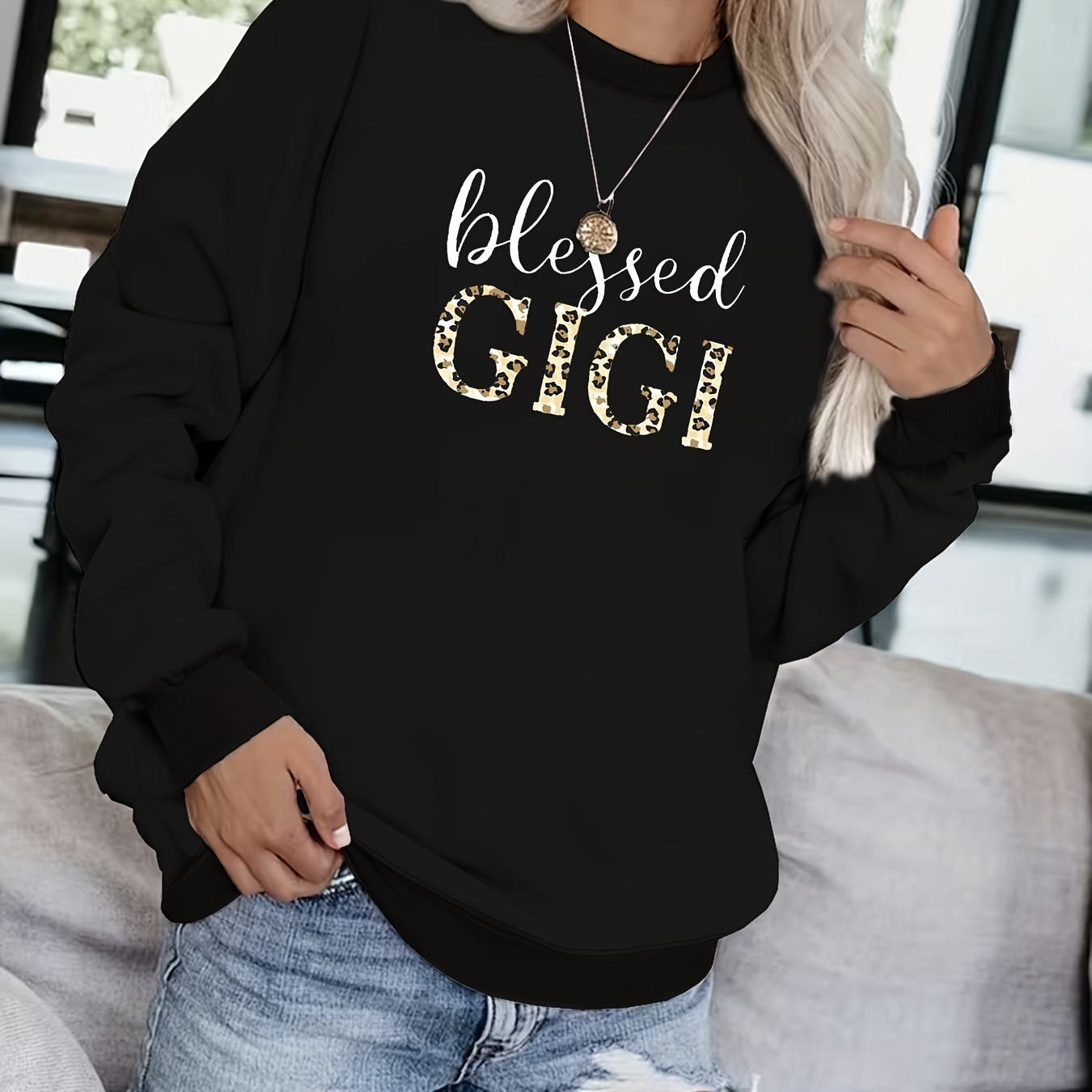 

Plus Size Blessed Gigi Print Pullover Sweatshirt, Casual Long Sleeve Crew Neck Sweatshirt For Fall & Spring, Women's Plus Size Clothing