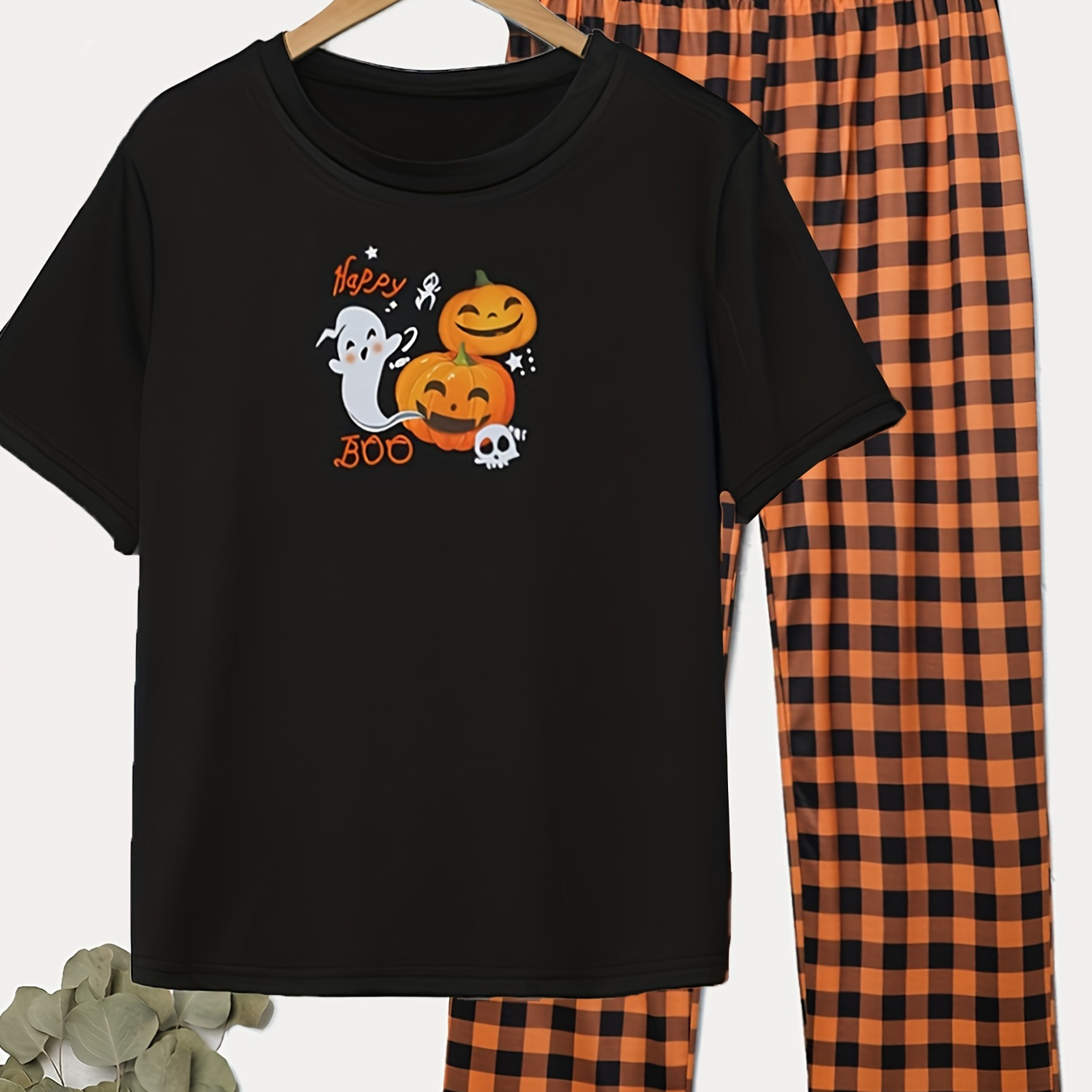 

2 Pcs Men's Pumpkin Print Round Neck Short Sleeve & Plaid Trousers Pajama Set, Comfortable & Skin-friendly Style Pajamas For Men's Cozy Loungewear