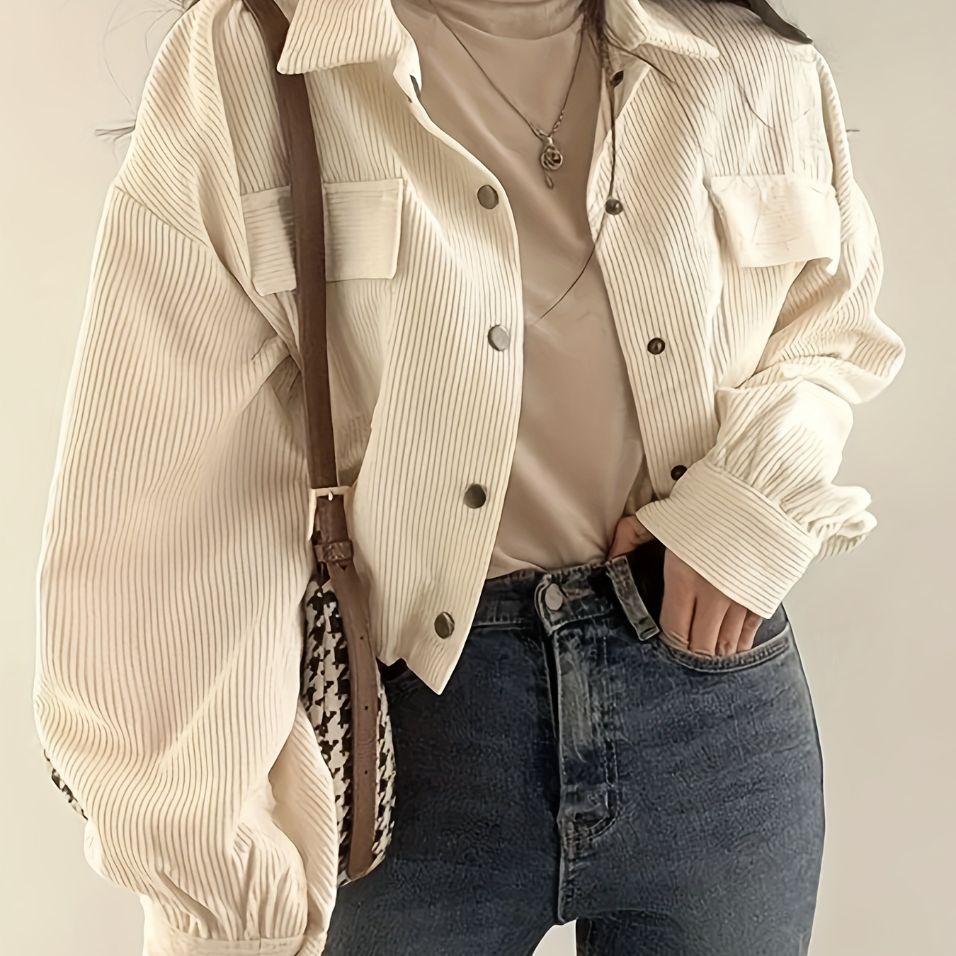 

Drop Shoulder Long Sleeve Solid Jacket, Casual Lapel Single Breasted Flap Pockets Jacket, Women's Clothing