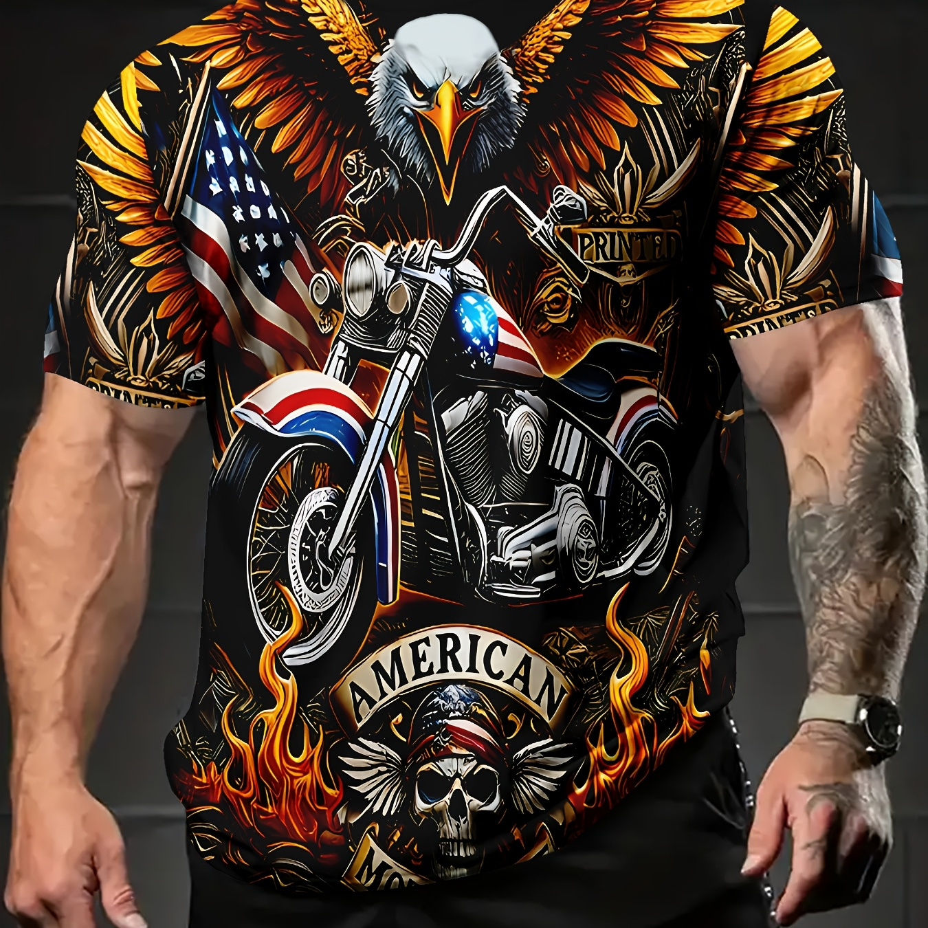 

Flying Eagle Motorcycle Short-sleeved Printed Round Neck T-shirt, Summer Men Casual Outdoor Short-sleeved Top