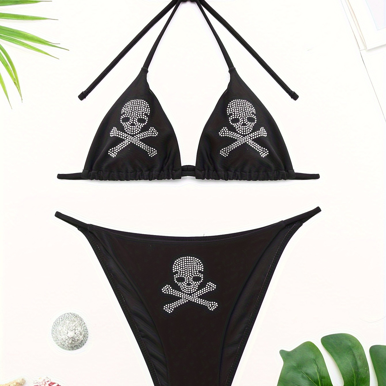 

Skull Pattern 2 Piece Set Bikini, Halter V Neck Tie Back Backless High Cut Halloween Swimsuits, Women's Swimwear & Clothing Top