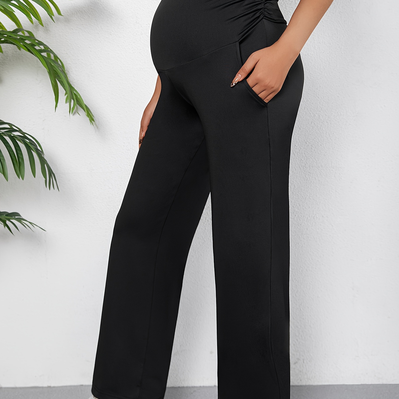 

Elegant High-waist Maternity Pants With Slant Pockets - Stretchy, Fit For Spring/summer/fall