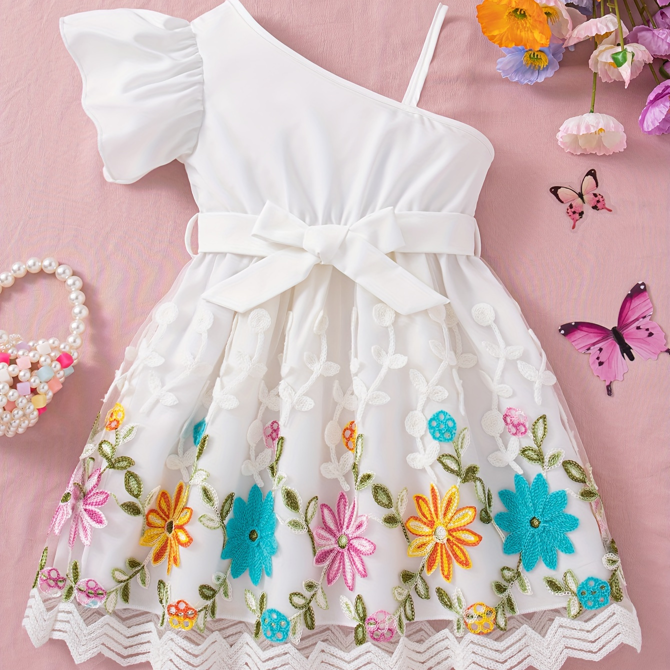 

Stylish Flower Embroidery Mesh Decor Sleeveless Belted Dress For Girls Summer Party Outdoor Holiday