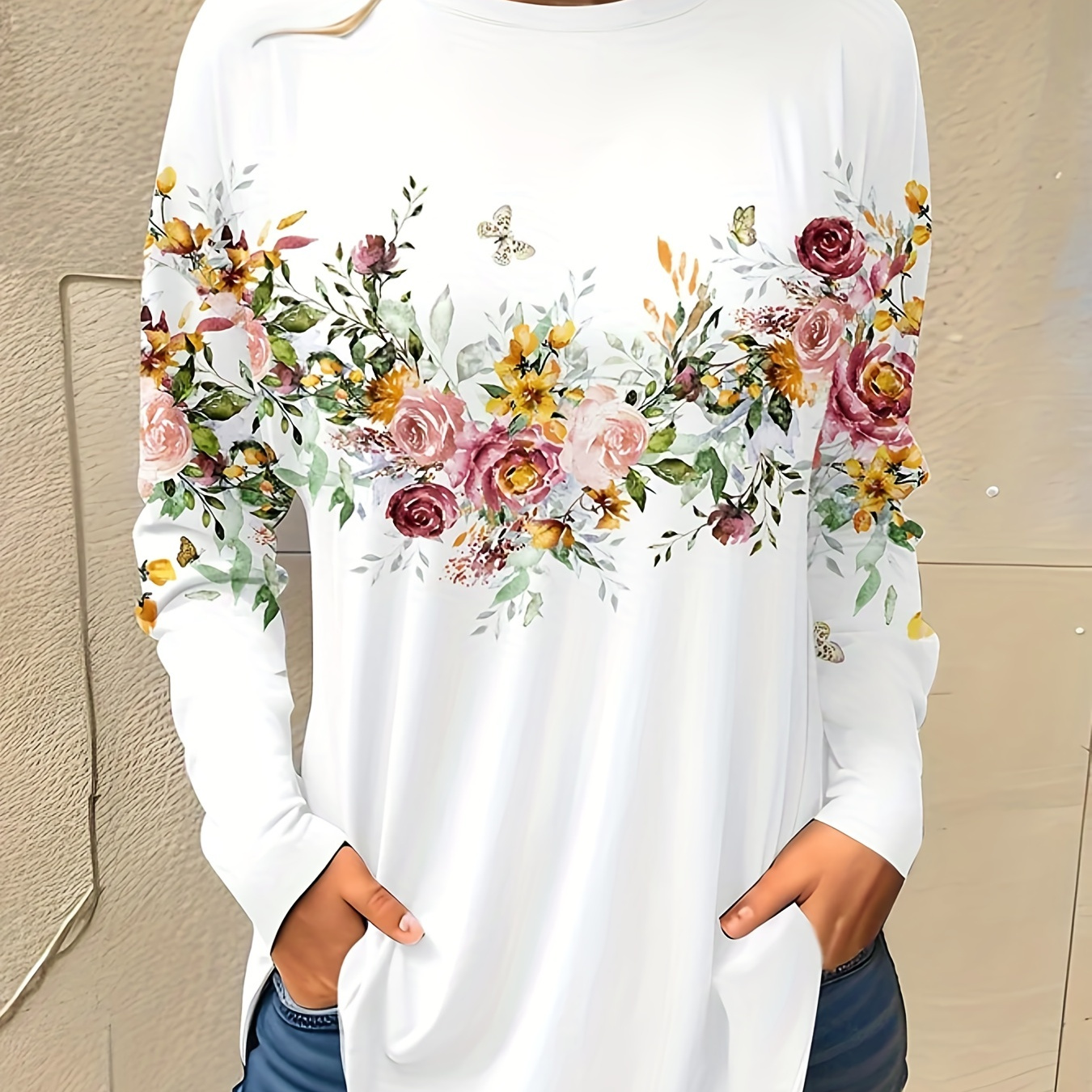 

Plus Size Casual T-shirt, Women's Plus Graphic Print Long Sleeve Round Neck Slight Stretch T-shirt