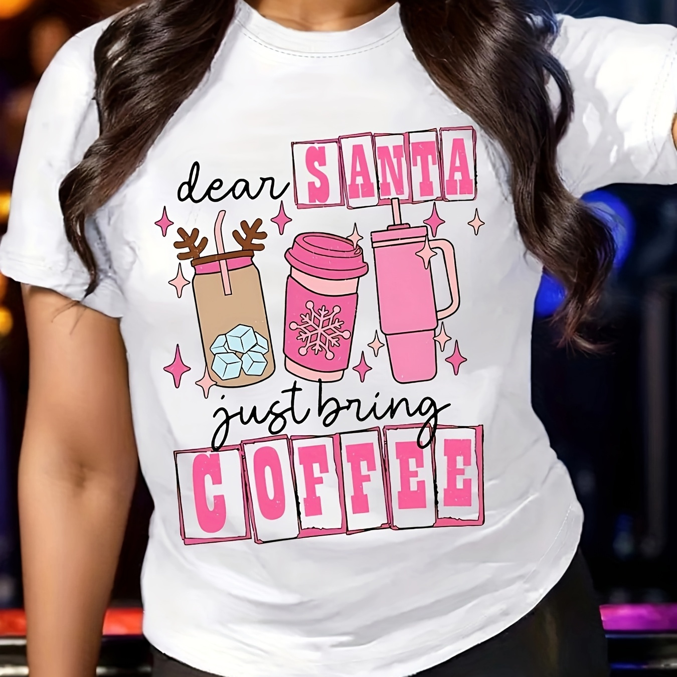 

Coffee Lover Graphic T-shirt For Women - 100% Polyester Casual Crew Neck Tee With Santa And Coffee - Knit Fabric Top For All