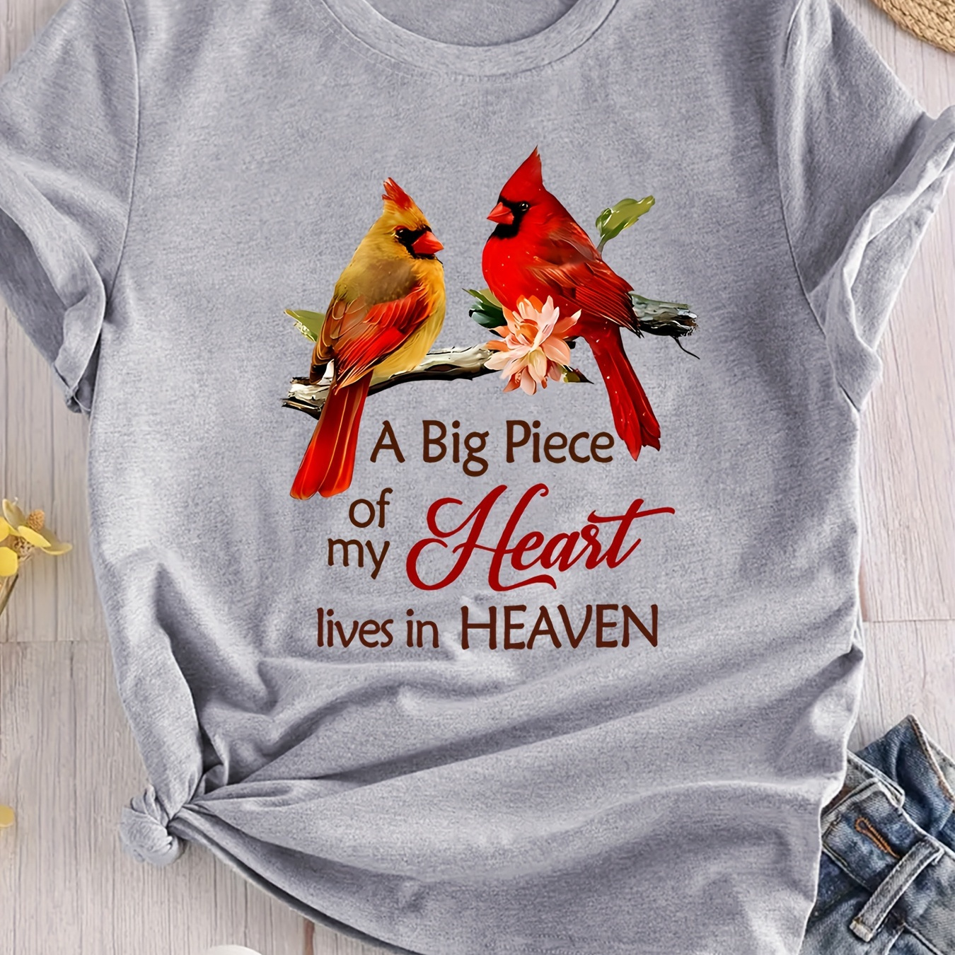 

Birds Print T-shirt, Casual Short Sleeve Crew Neck Top For Spring & Summer, Women's Clothing