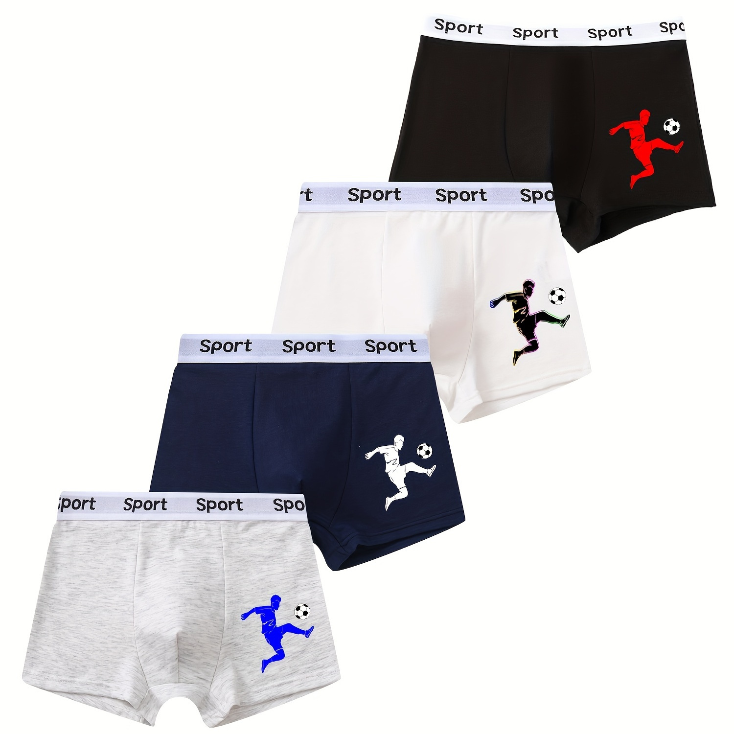

4pcs Mixed Boys Briefs, Junior Sports Shorts, Solid Color Fashion Print Football Boxer Briefs, 95% Cotton, Sweatshirt And Breathable