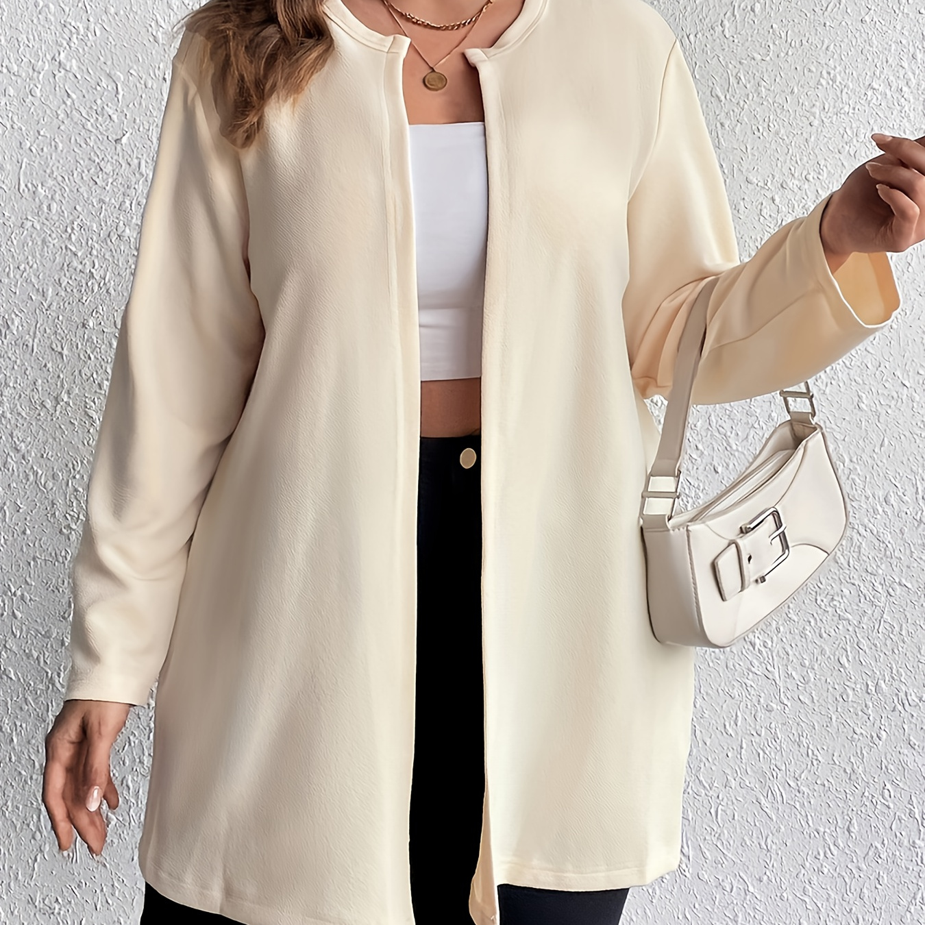 

Plus Size Casual Coat, Women's Plus Long Sleeve Open Front Outwear Plain Solid Coat