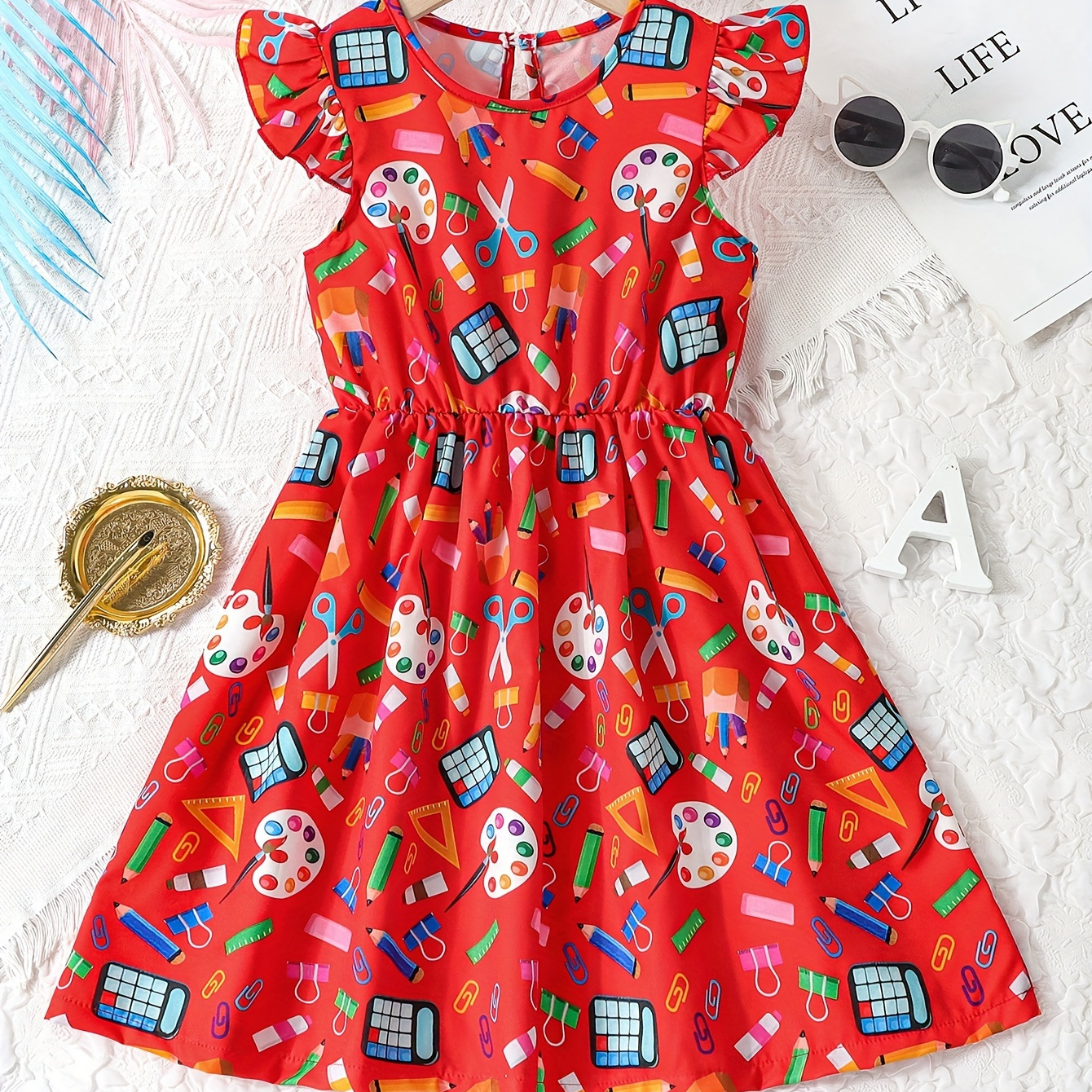 

Cartoon Pencil Print Girls Frill Sleeve A-line Casual Dress For Holiday Back-school Season Summer