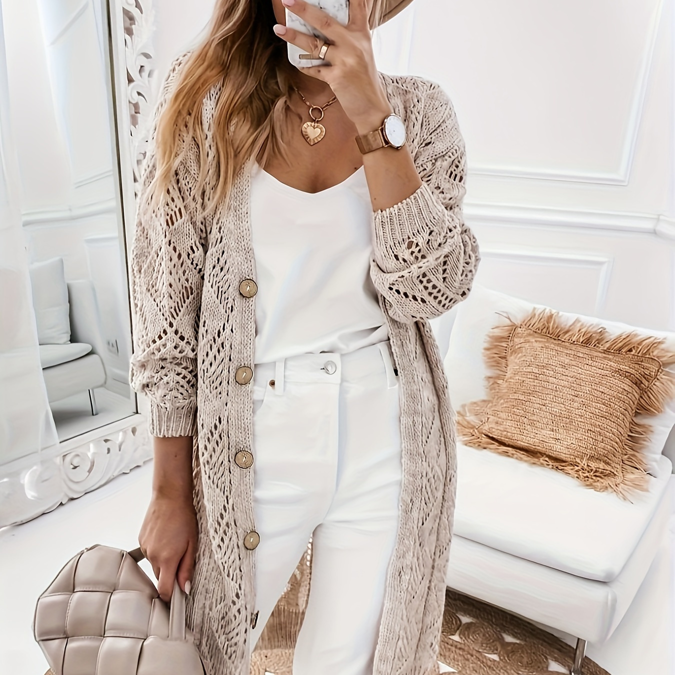 

Solid Pointelle Knitted Cardigan, Casual Button Front Long Sleeve Cardigan, Women's Clothing
