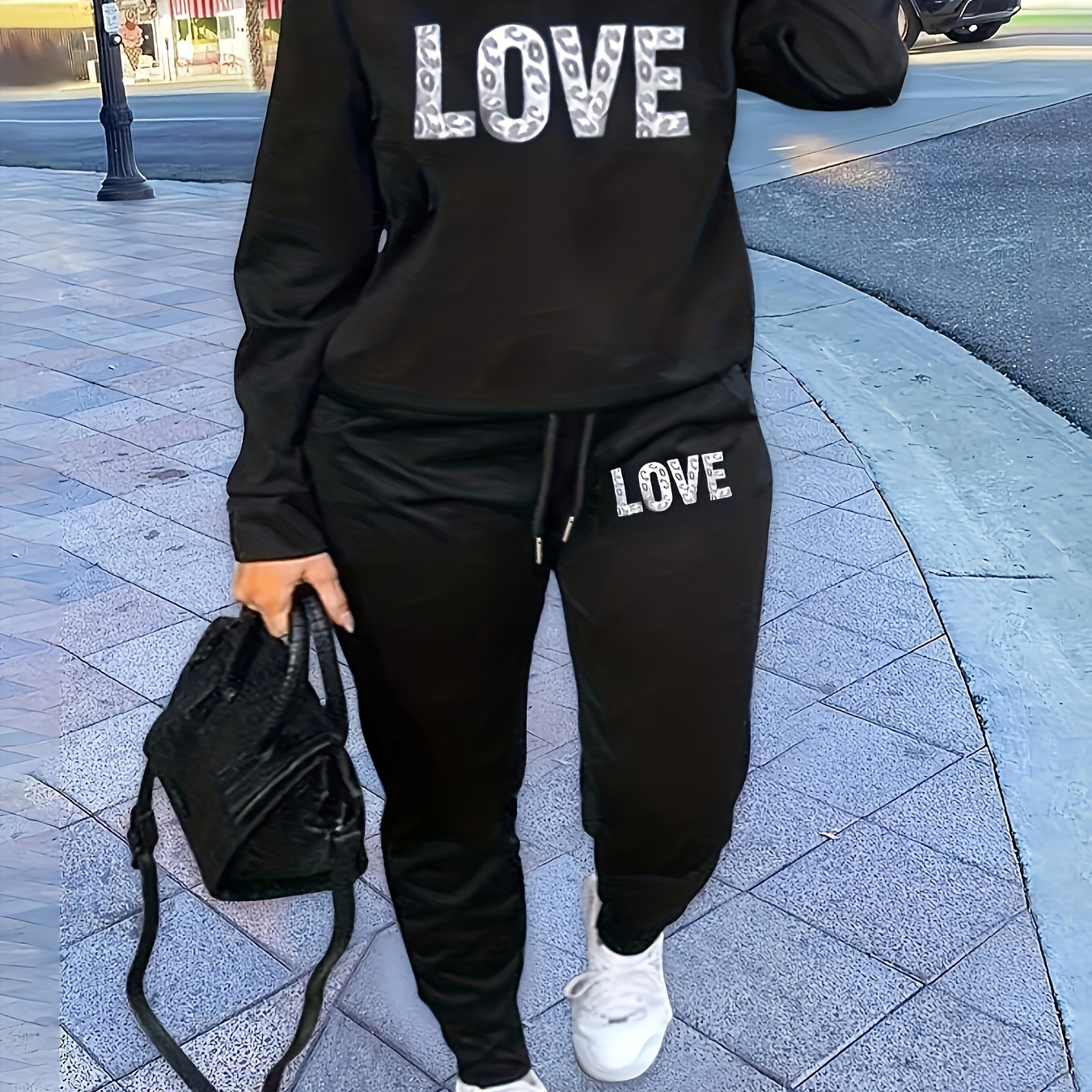 

Love Print Two-piece Set, Crew Neck Long Sleeve Sweatshirt & Drawstring Joggers Outfits, Women's Clothing