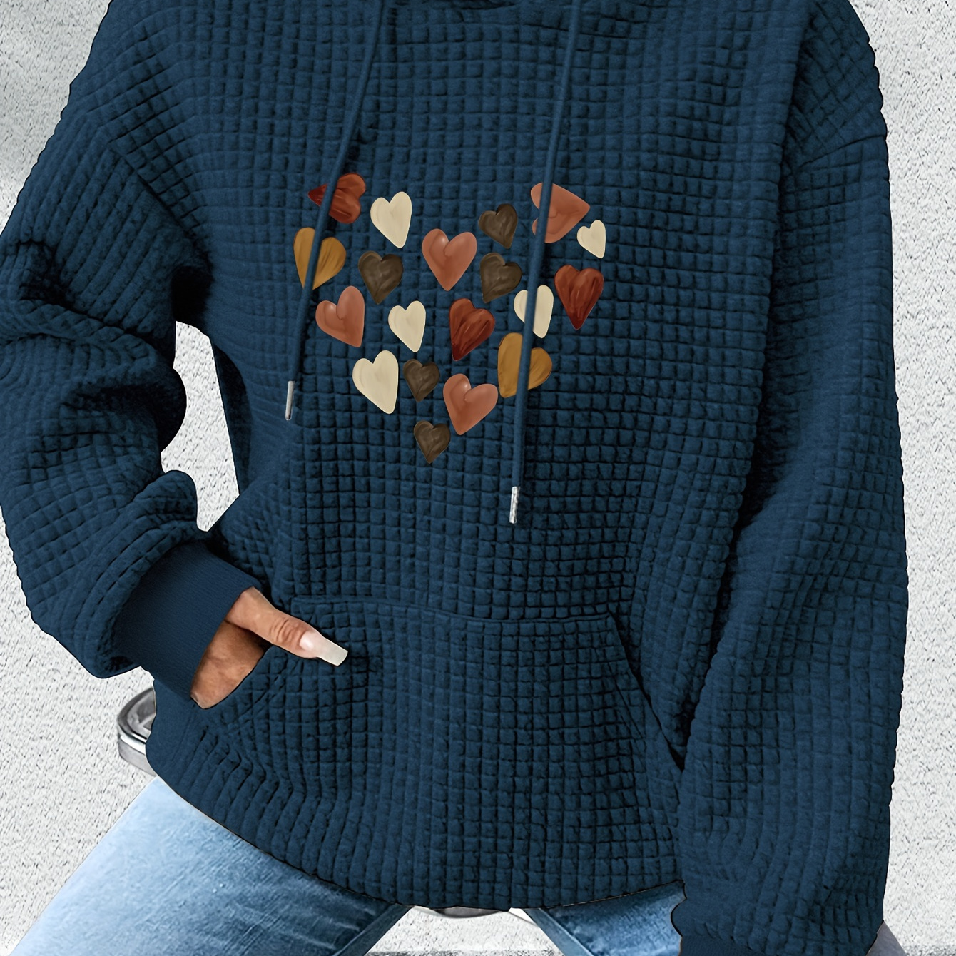 

Women' Hoodie Heart Pattern, Polyester Waffle Knit Pullover, , Crew Neck, Autumn/winter Season, Embroidered Patchwork, Knitted Fabric