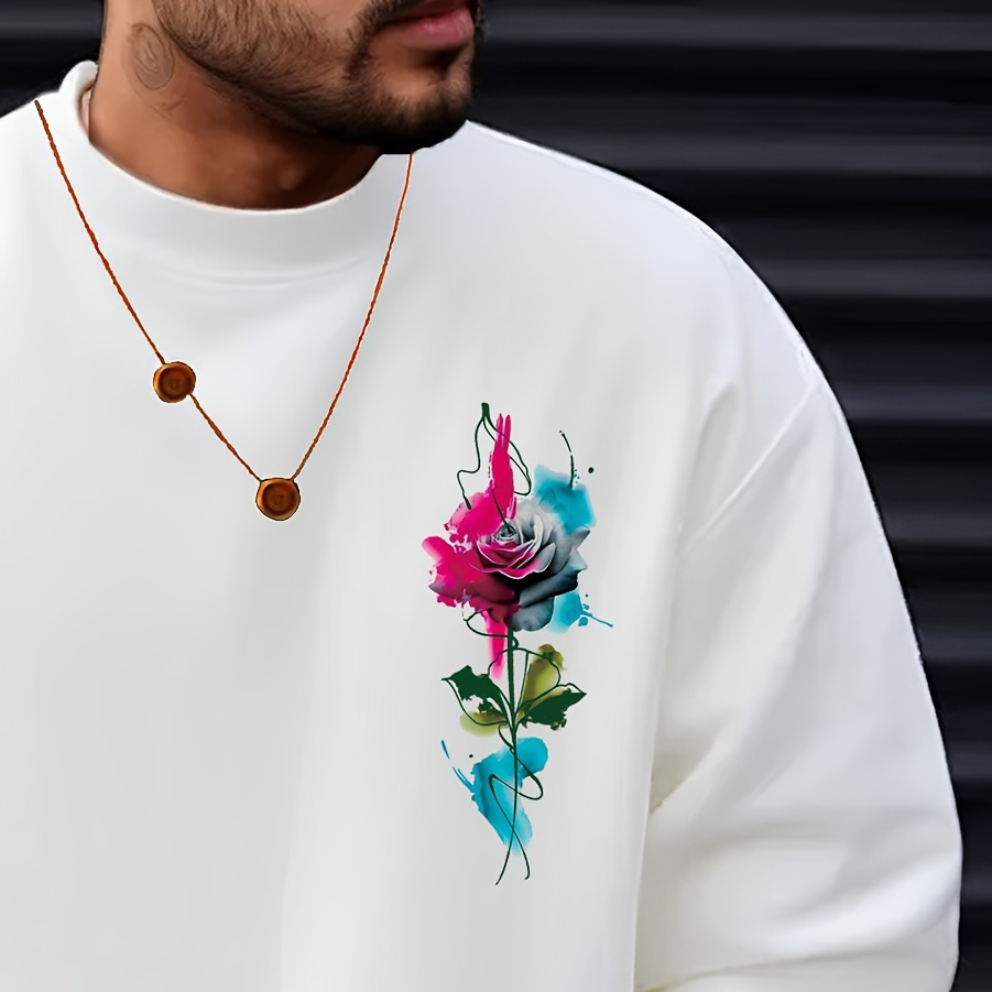 

Paint & Rose Print Sweatshirt For Men, Trendy Long Sleeve Top, Men's Clothing