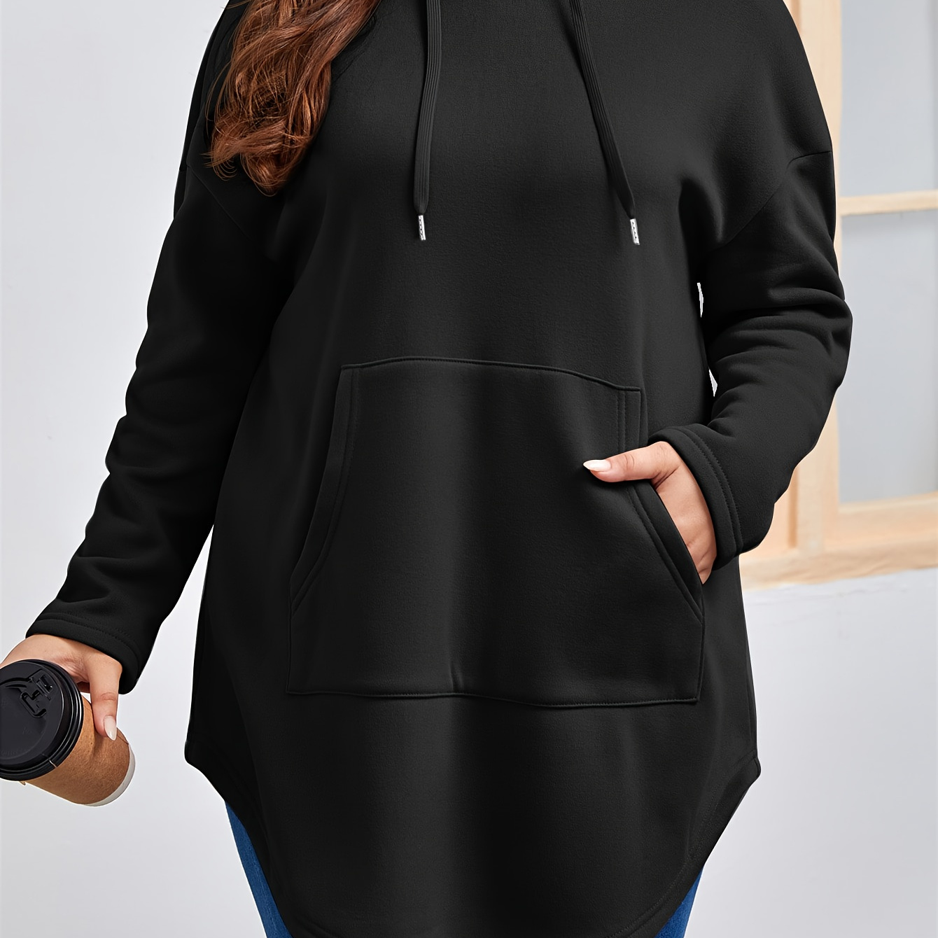 

Plus Size Solid Kangaroo Pocket Hoodie, Casual Long Sleeve Hooded Sweatshirt, Women's Plus Size Clothing