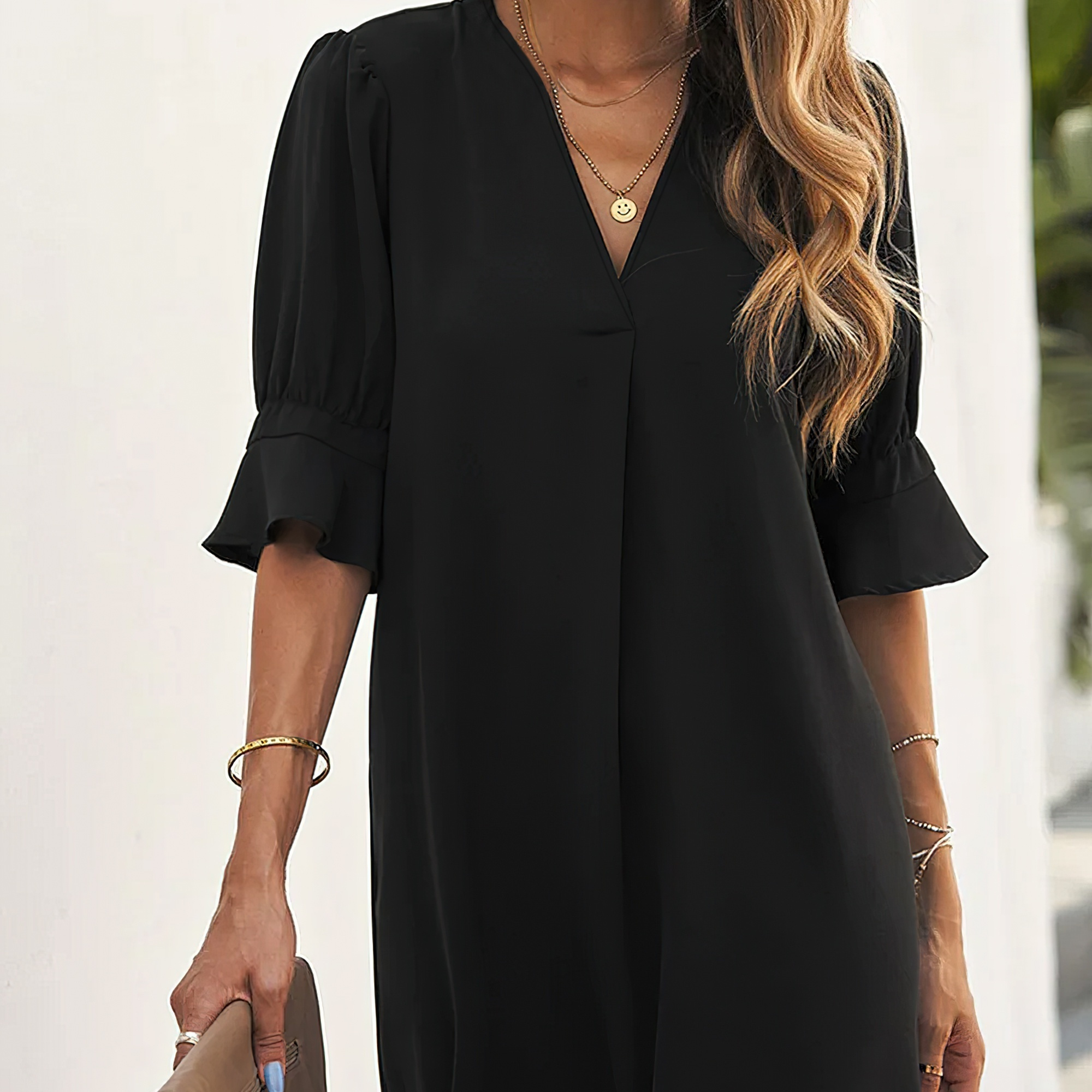 

Plus Size Solid V Neck Straight Dress, Elegant Half Sleeve Dress For Spring & Summer, Women's Plus Size Clothing