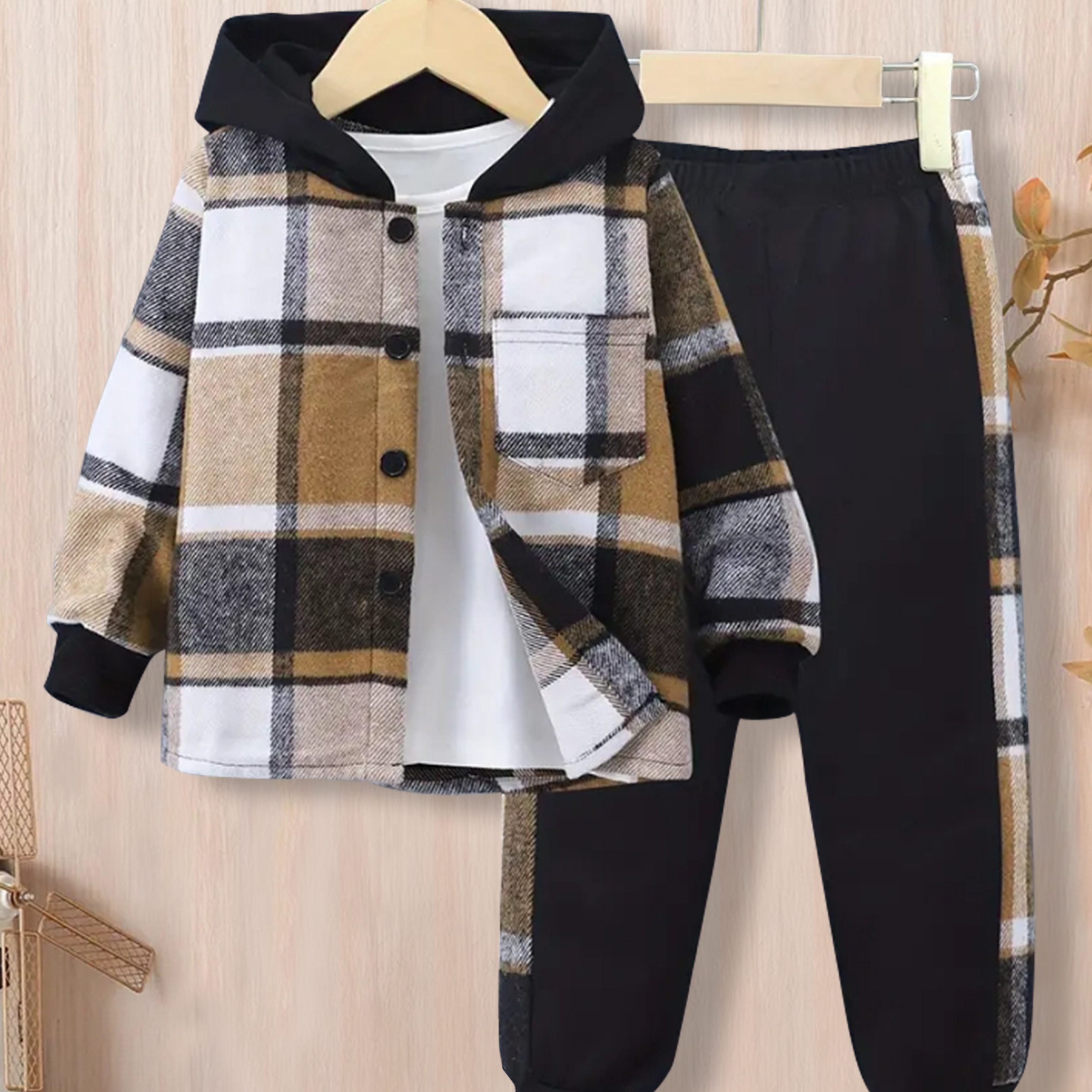 

Boys' Preppy Hooded Shirt And Sweatpants Set - Polyester Non-stretch Long Sleeve Button-up Jacket With Pockets And Pants - Casual Warm Fall/winter Outfit For Kids